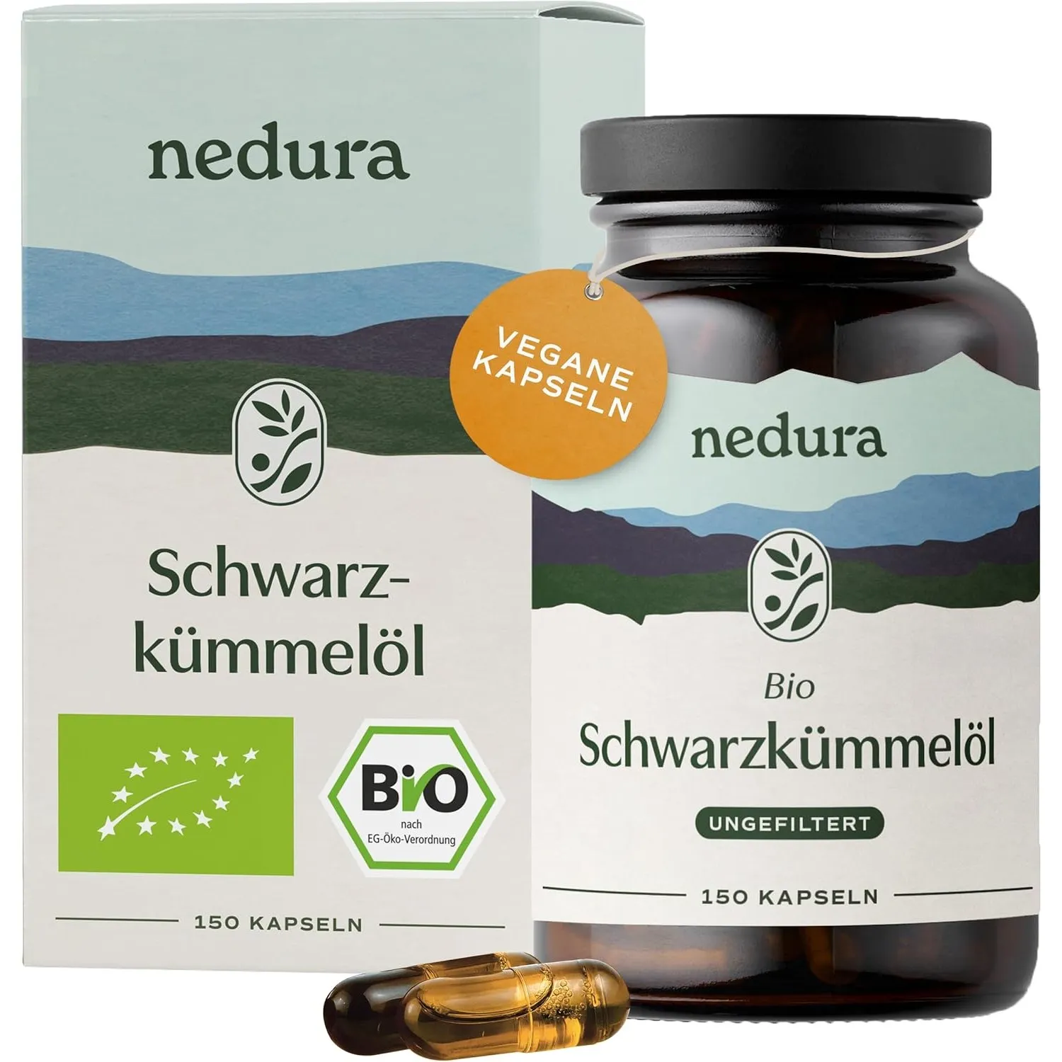nedura® BIO Schwarzkümmelöl Kapseln (ungefiltert) 150 Stück in veganer Kapsel – BIO-Schwarzkümmel aus Ägypten in eigene…