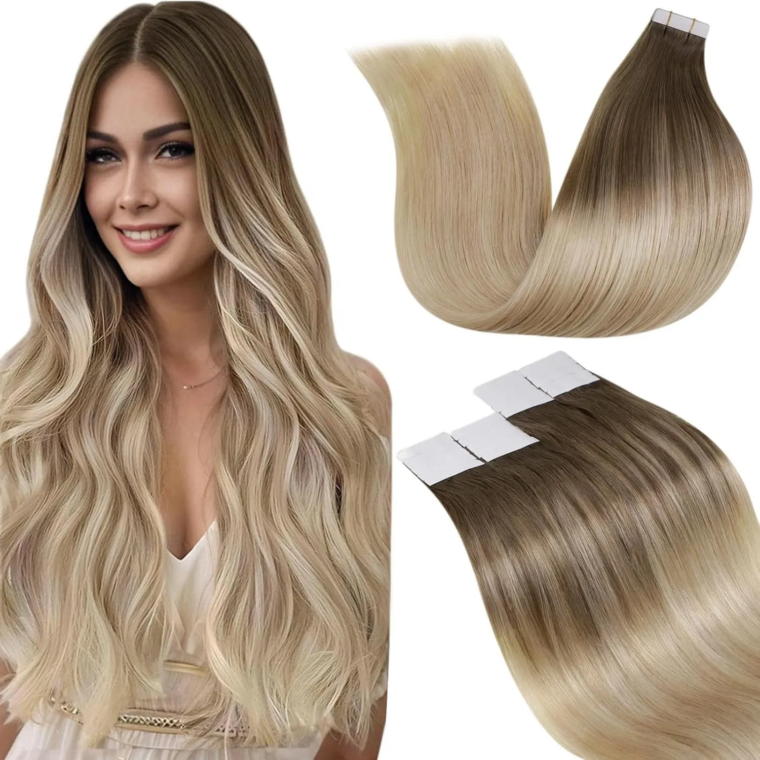 LaaVoo Tape in Extensions Echthaar Blond Balayage 60cm Echthaar Extensions Tape Hellbraun bis Aschblond mit Platinblond…