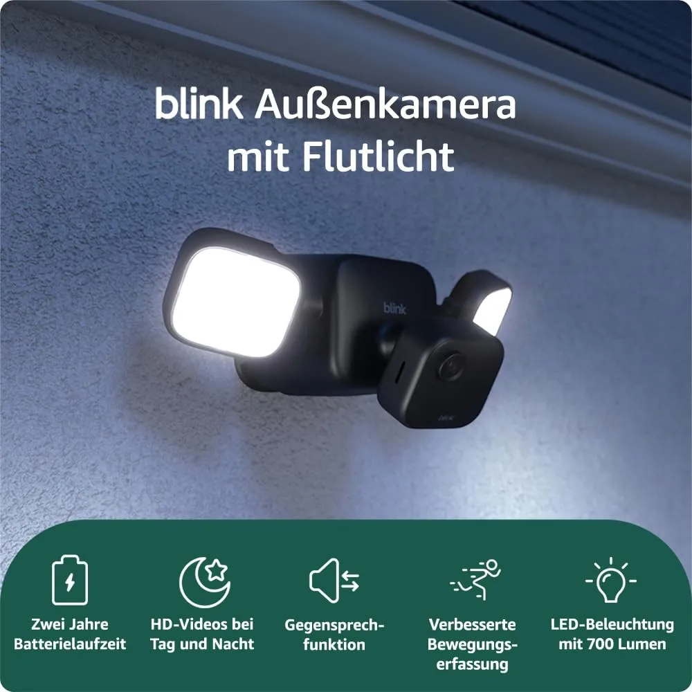 Blink Außenkamera mit Flutlicht (neueste Generation) | Kabellose intelligente Sicherheitskamera, 700 Lumen LED, zwei Ja…