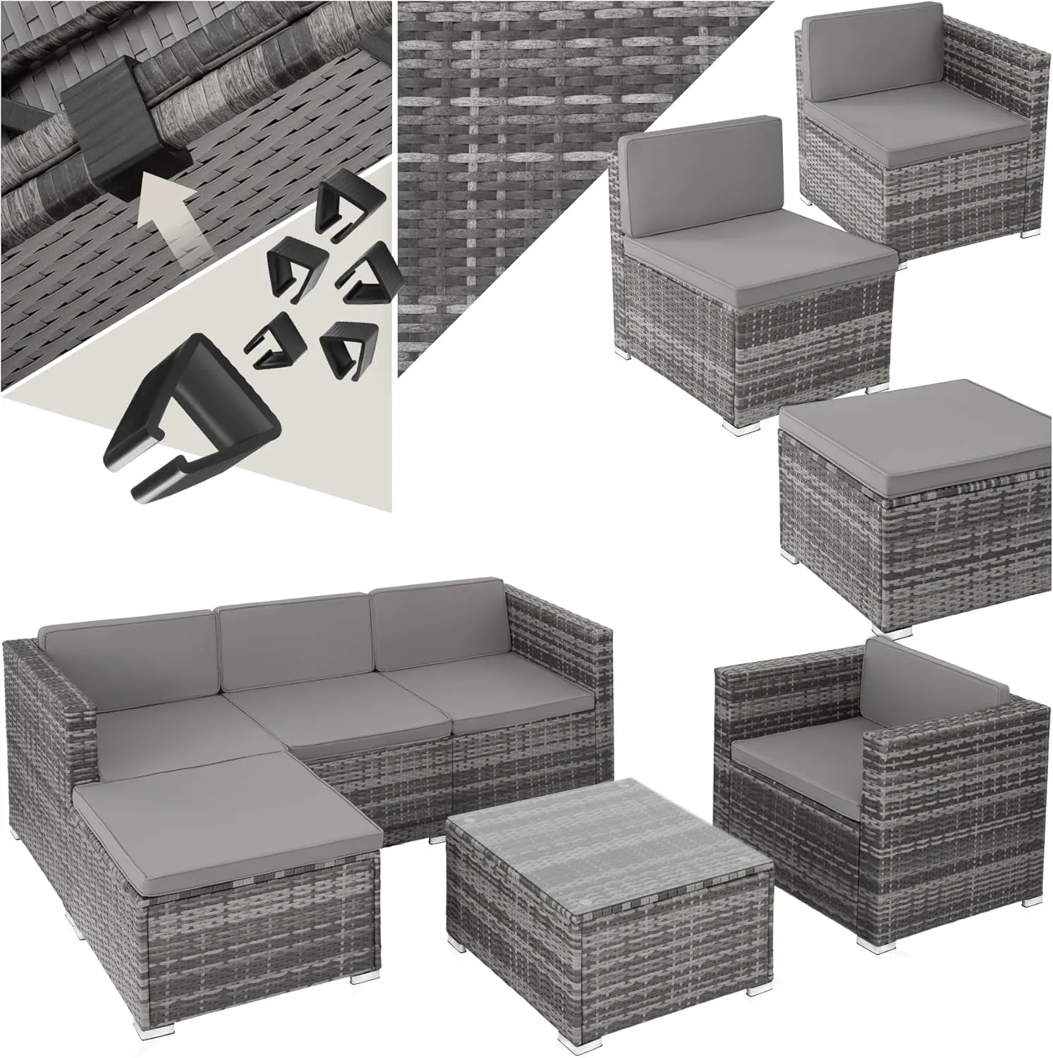 tectake® Poly Rattan Lounge, Outdoor Gartenmöbel Set mit Sofa, Sessel, Hocker und Tisch, variabel kombinierbar, Möbel wetterfest für 4-5 Personen, Balkonmöbel, Gartenlounge, Terrassenmöbel - grau