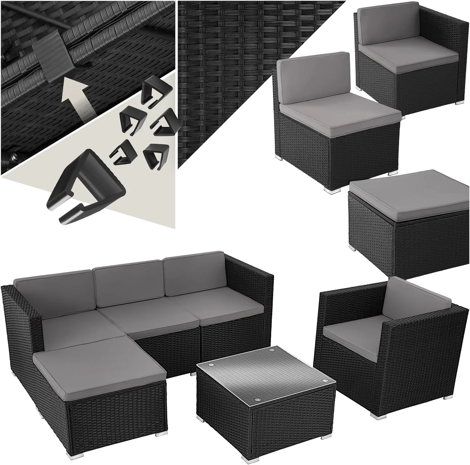 tectake® Poly Rattan Lounge, Outdoor Gartenmöbel Set mit Sofa, Sessel, Hocker und Tisch, variabel kombinierbar, Möbel wetterfest für 4-5 Personen, Balkonmöbel, Gartenlounge, Terrassenmöbel - schwarz