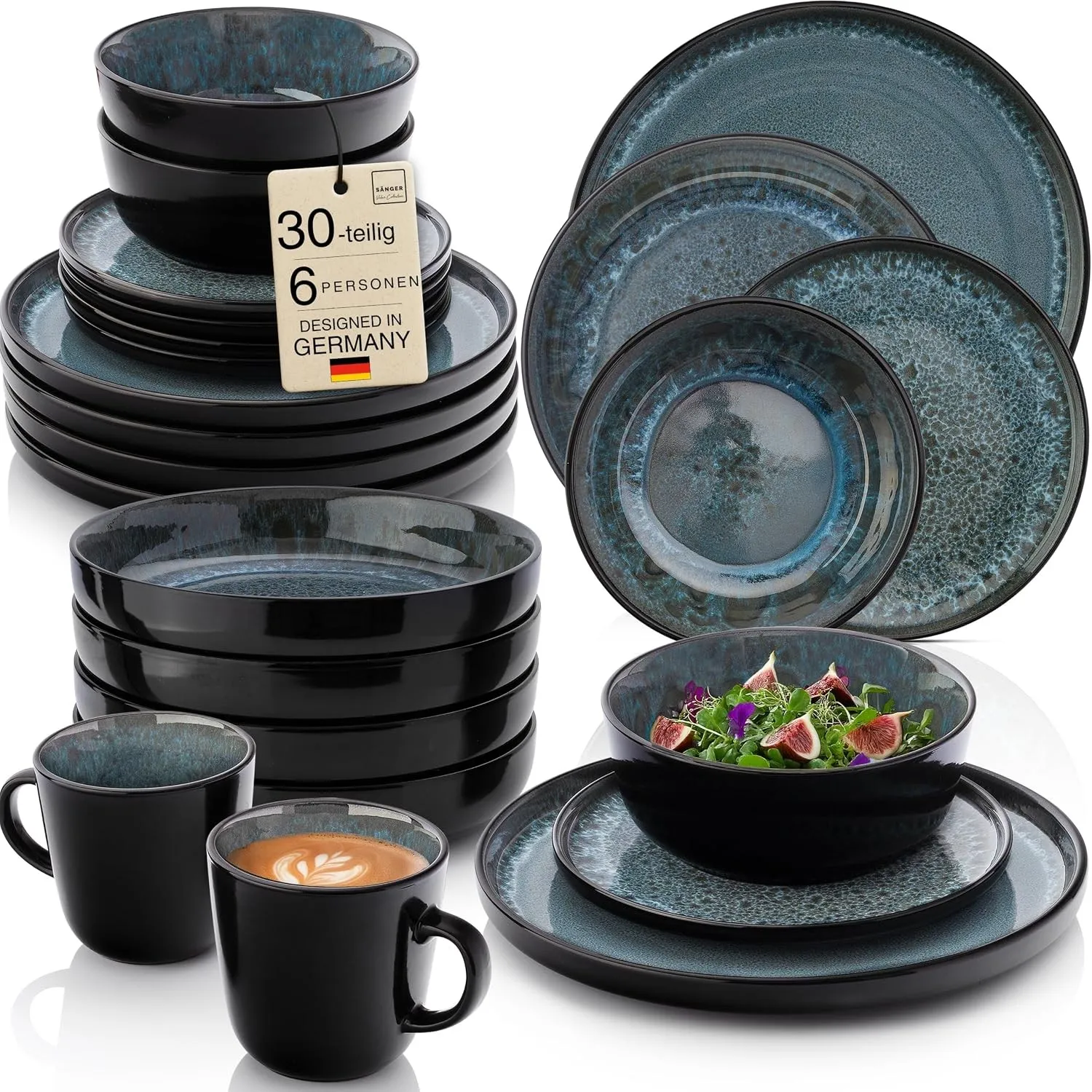 SÄNGER Manila Steingut Geschirrset 6 Personen, Teller Set 30-tlg Blau