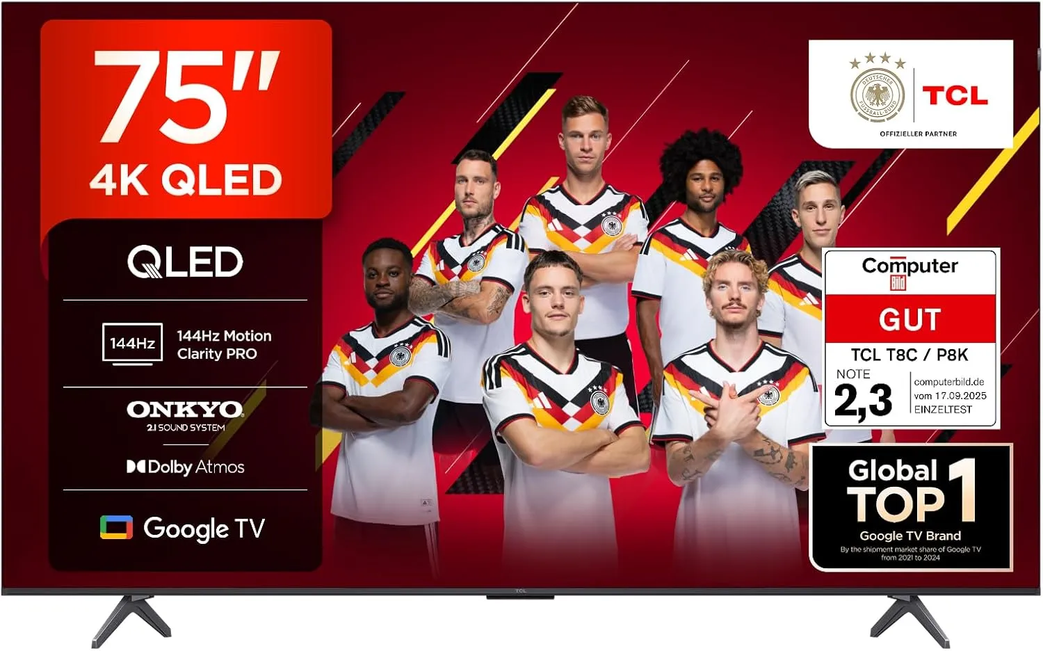 TCL 75T8C 75 Zoll QLED 4K HDR UHD Fernseher, Smart Google TV Dolby Vision Atmos,144Hz Motion Clarity Pro, Game Bar, ALL…
