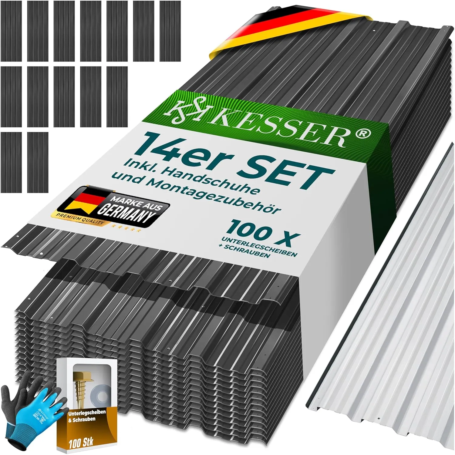 KESSER® 14 Stück Trapezblech Profilblech Set 110x46cm, 7 m² Dachblech verzinkter Stahl 0,25mm, Dachplatten für Geräteha…