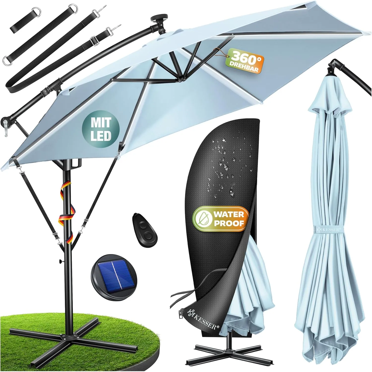 KESSER® Alu Ampelschirm LED Solar Inkl. Abdeckung Fernbedienung & Kurbelvorrichtung Kurbelschirm mit Ständer 360° Funkt…
