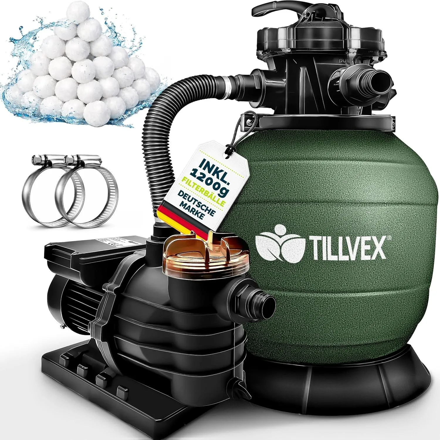 tillvex® Sandfilteranlage Pool 13.200L/h + 1200g Filterbälle bis 40.000L