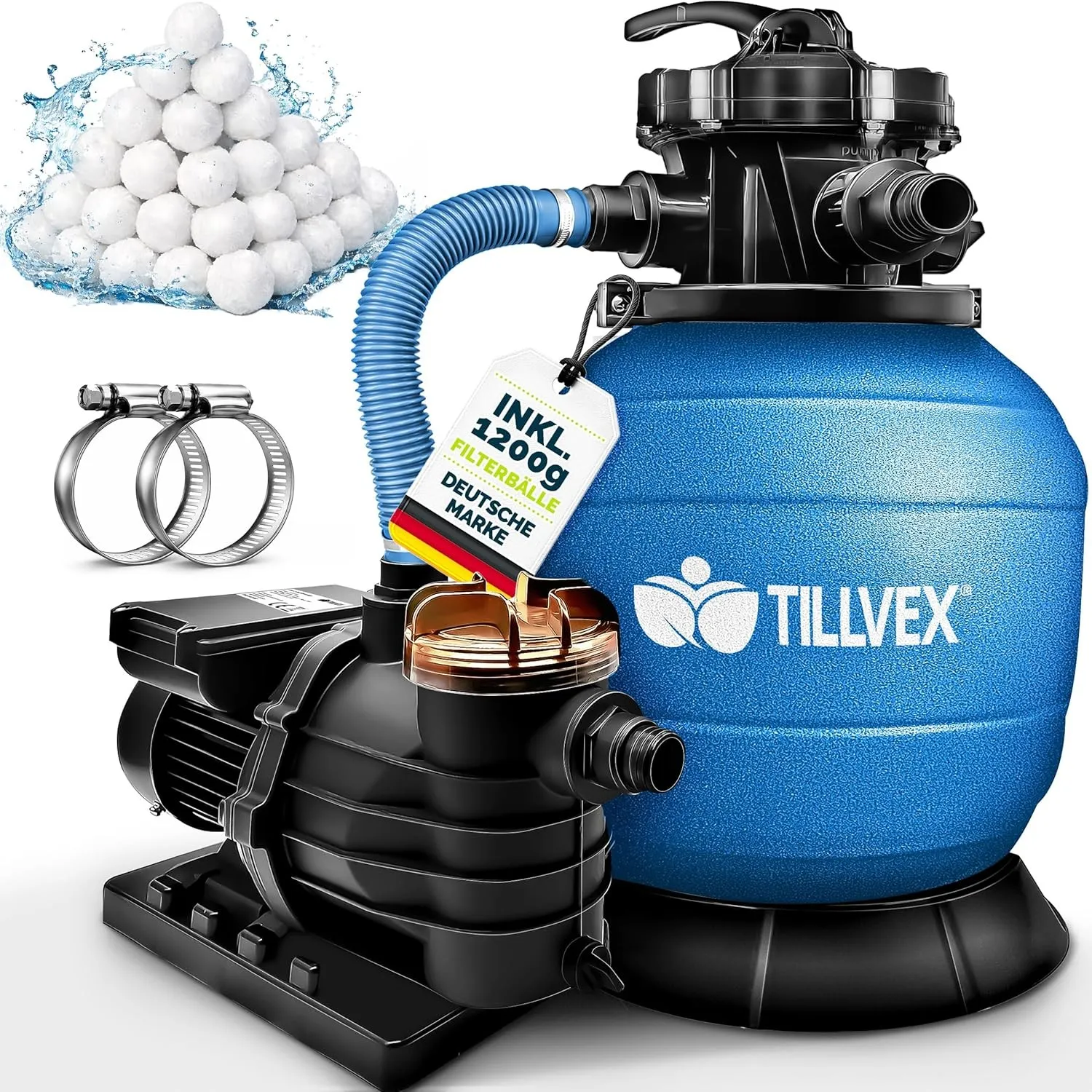 tillvex® Sandfilteranlage Pool 13.200L/h + 1200g Filterbälle bis 40.000L