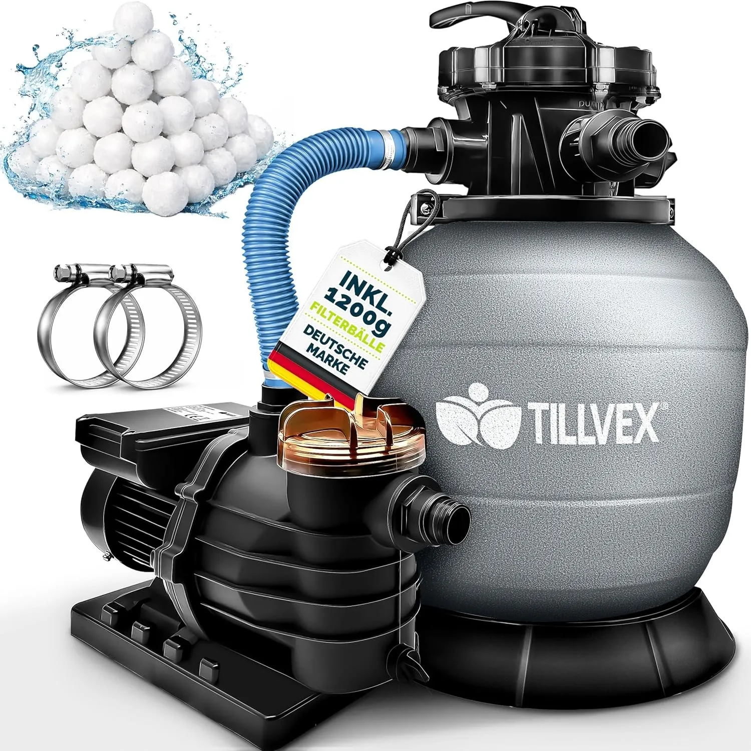 tillvex® Sandfilteranlage Pool 13.200L/h + 1200g Filterbälle bis 40.000L | Filteranlage inkl. 7-Wege Ventil & 2in1 Adap…