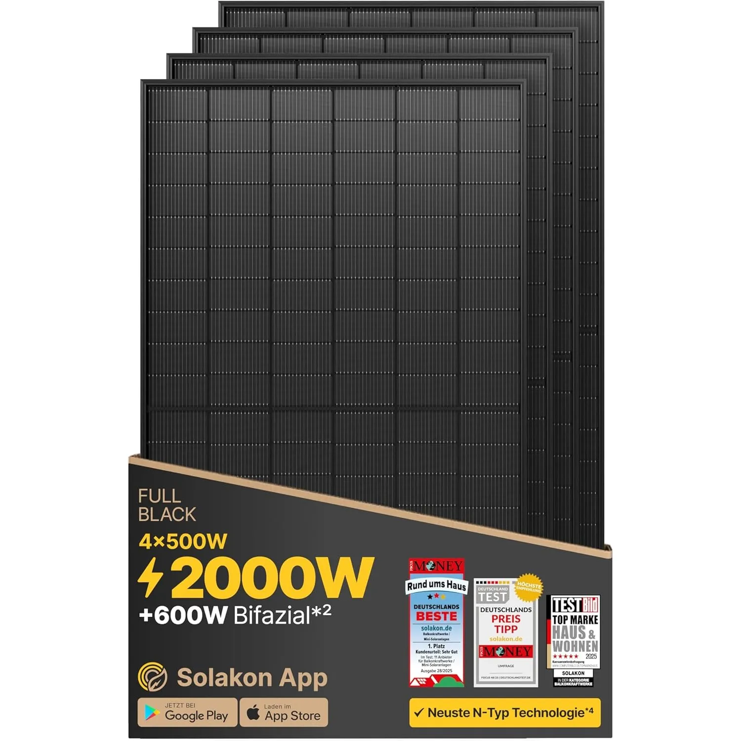Solakon Solarpanel 500W, Bifazial Glas-Glas N-Type Solarmodul, 40v Full Black Solarmodule/Solar Module für Balkonkraftw…