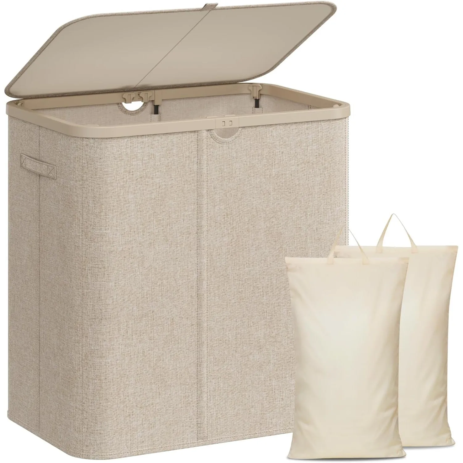 Lifewit 140L Wäschekorb mit Deckel und 2 Fächern, Beige