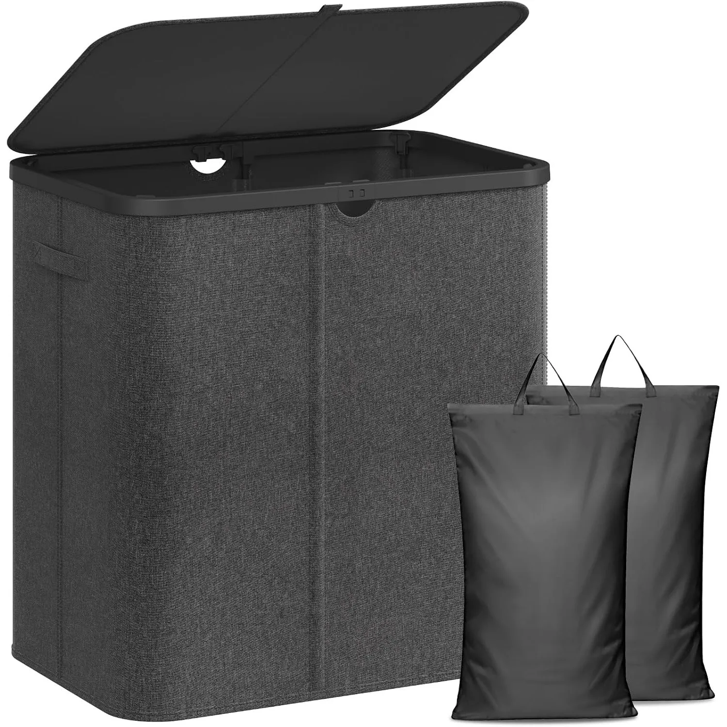 Lifewit 140L Wäschekorb mit Deckel und 2 Fächern, Dunkelgrau