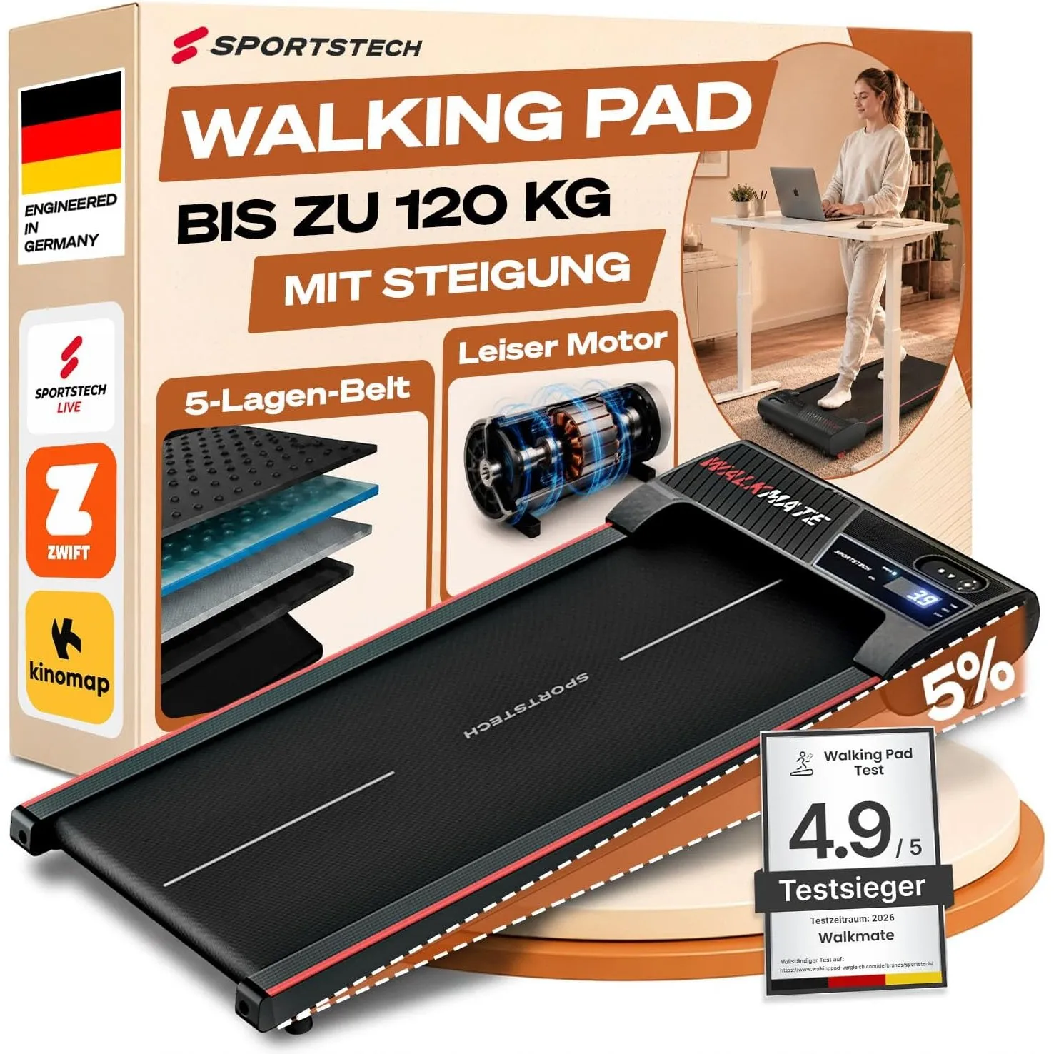 Sportstech Walking Pad - Laufband Für Zuhause mit Steigung bis 5% | 1-6km/h, inklusive App Mitgliedschaft | Home Office…