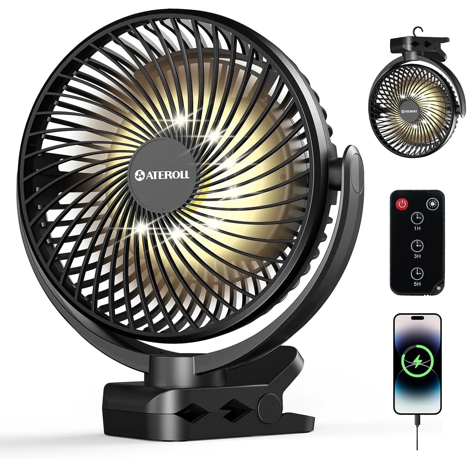 Ateroll 10000mAh Clip Ventilator mit Fernbedienung, 20CM 3 Geschwindigkeiten USB Ventilator Akku mit Timer&LED-Lichtern…