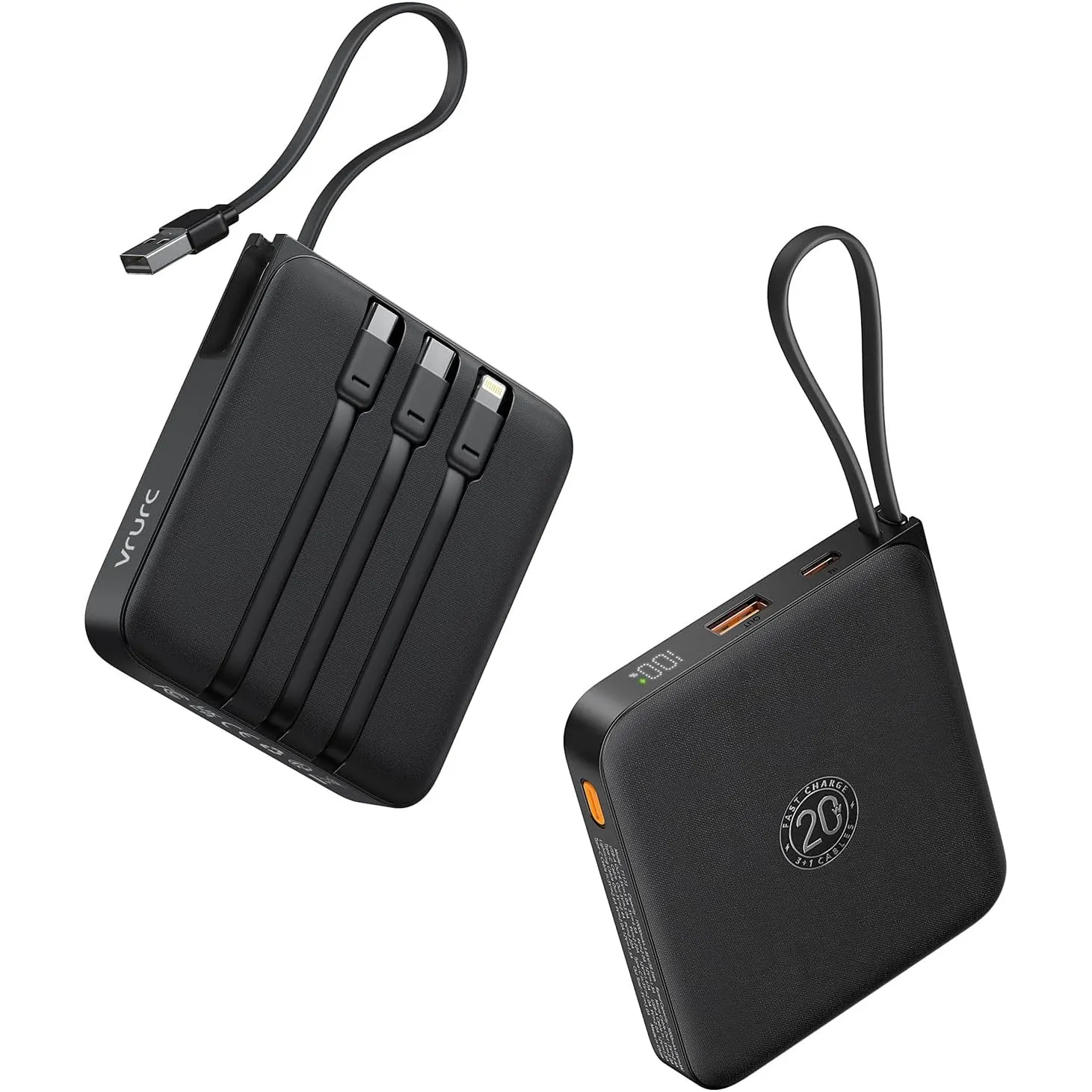 VRURC Powerbank 20000 mAh mit 4 integrierten Kabeln, 22.5W Schnellladen