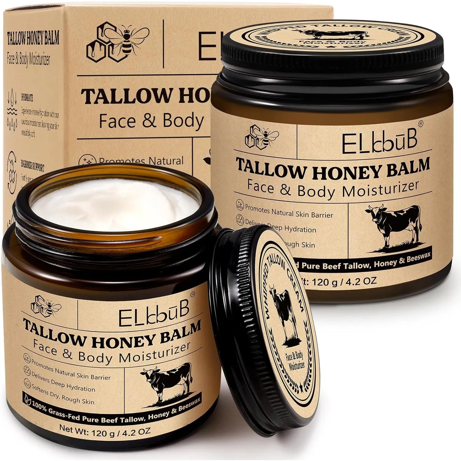 Whipped Tallow Cream für Gesicht & Körper - 100% Grasgefüttertes Rindertalg, Natürlicher Honig & Bienenwachs Feuchtigke…