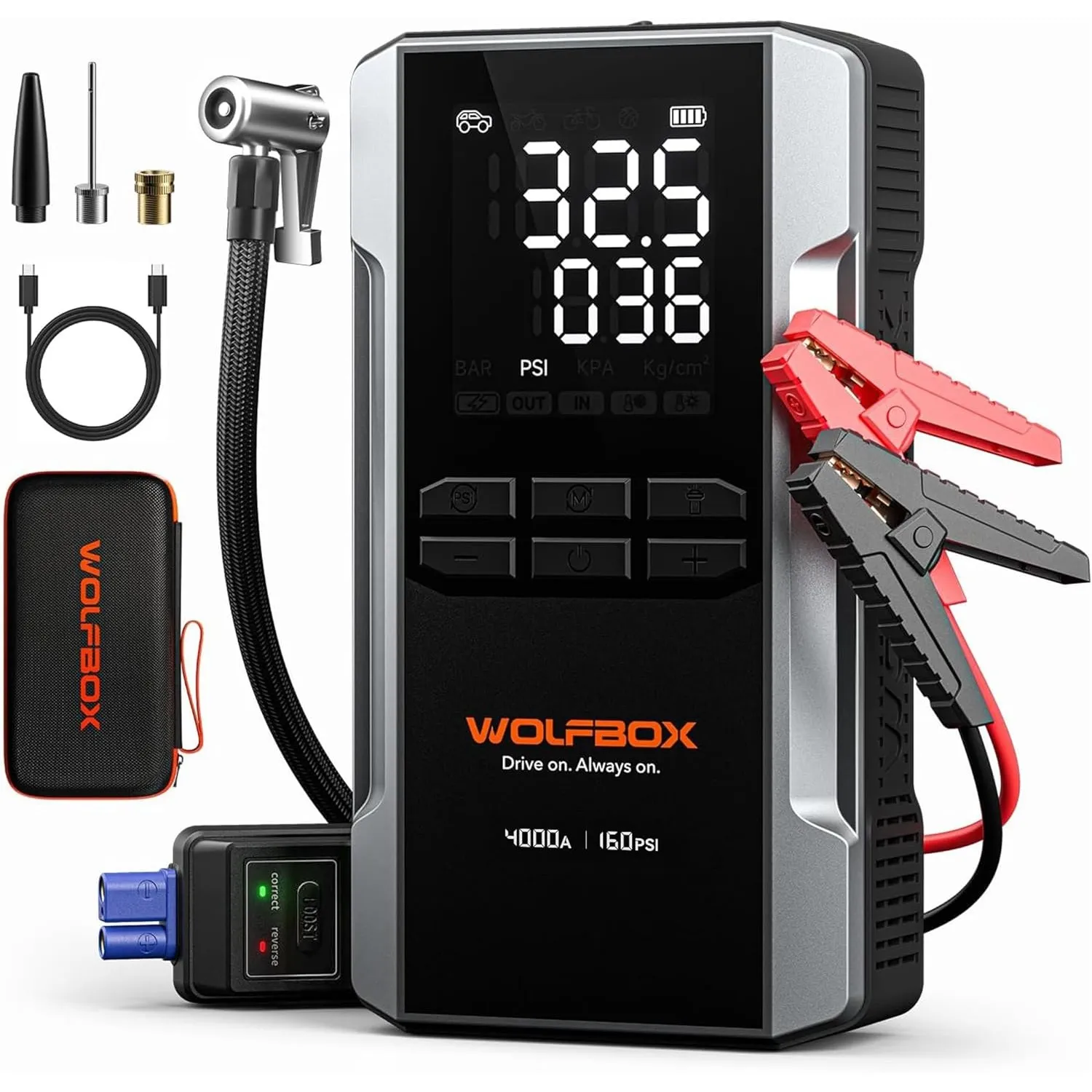 WOLFBOX 4000A Starthilfe mit 160PSI Kompressor bis zu 10L Benzin/10L Diesel