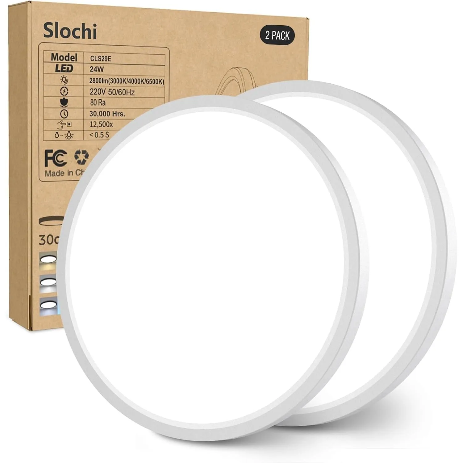 slochi Deckenlampe LED Deckenleuchte Flach, Ø30CM 3Farben 24W 2800LM Weiß