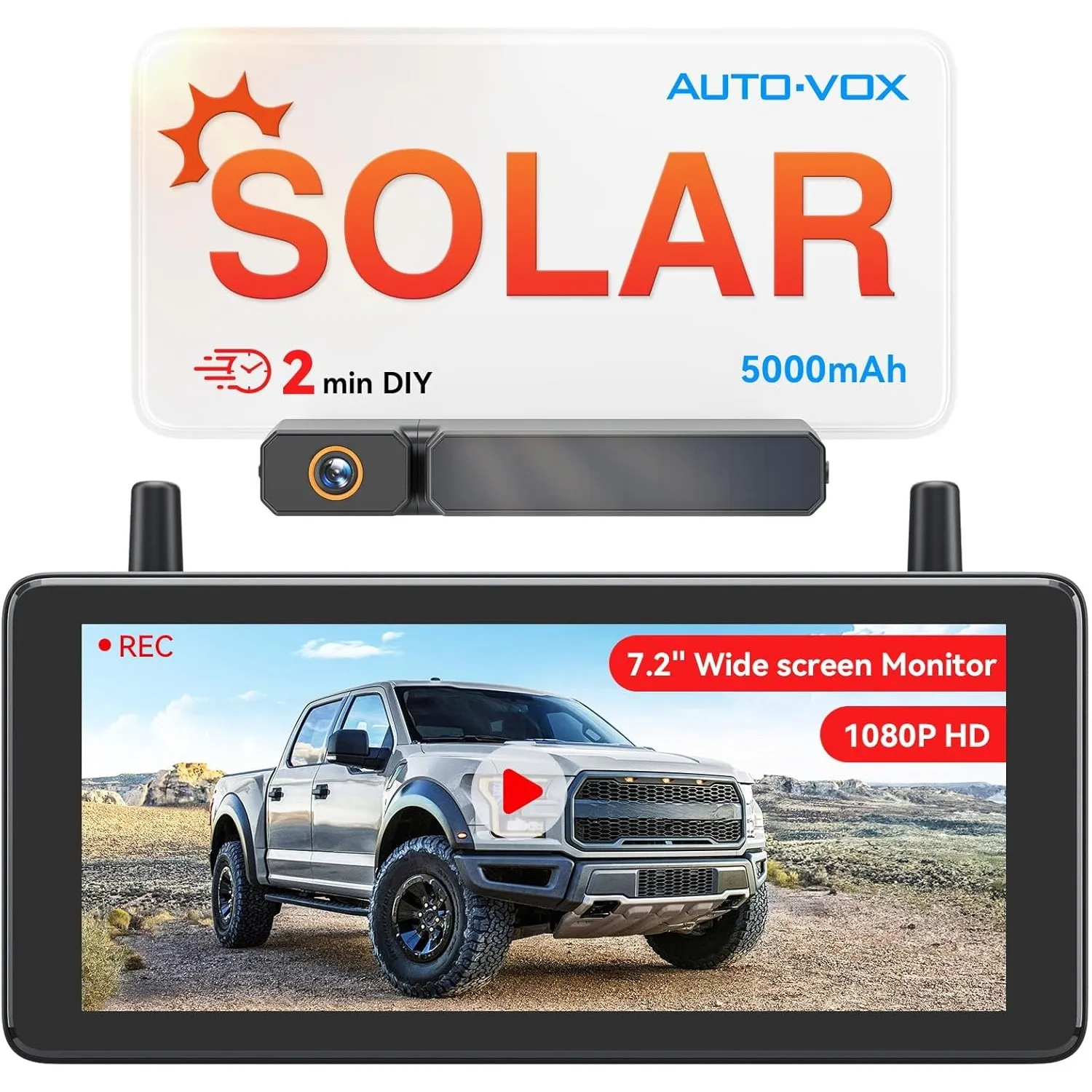 AUTO-VOX 7.2" DVR Portable Solar Rückfahrkamera Kabellos