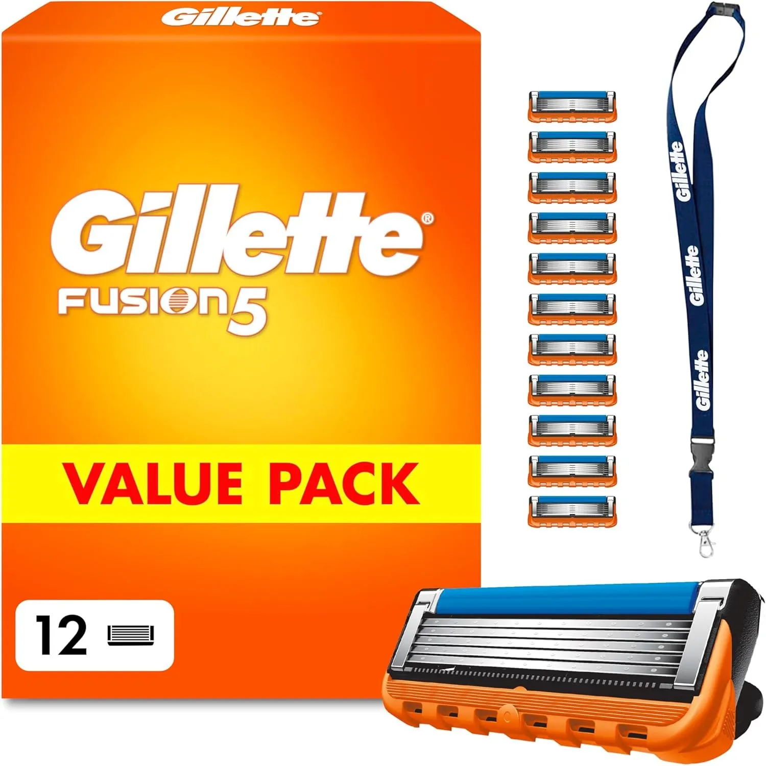 Gillette Fusion 5 Klingen Herren, 12 Original Rasierklingen, Orange | Für Nassrasierer mit Größerem Gleitstreifen für E…