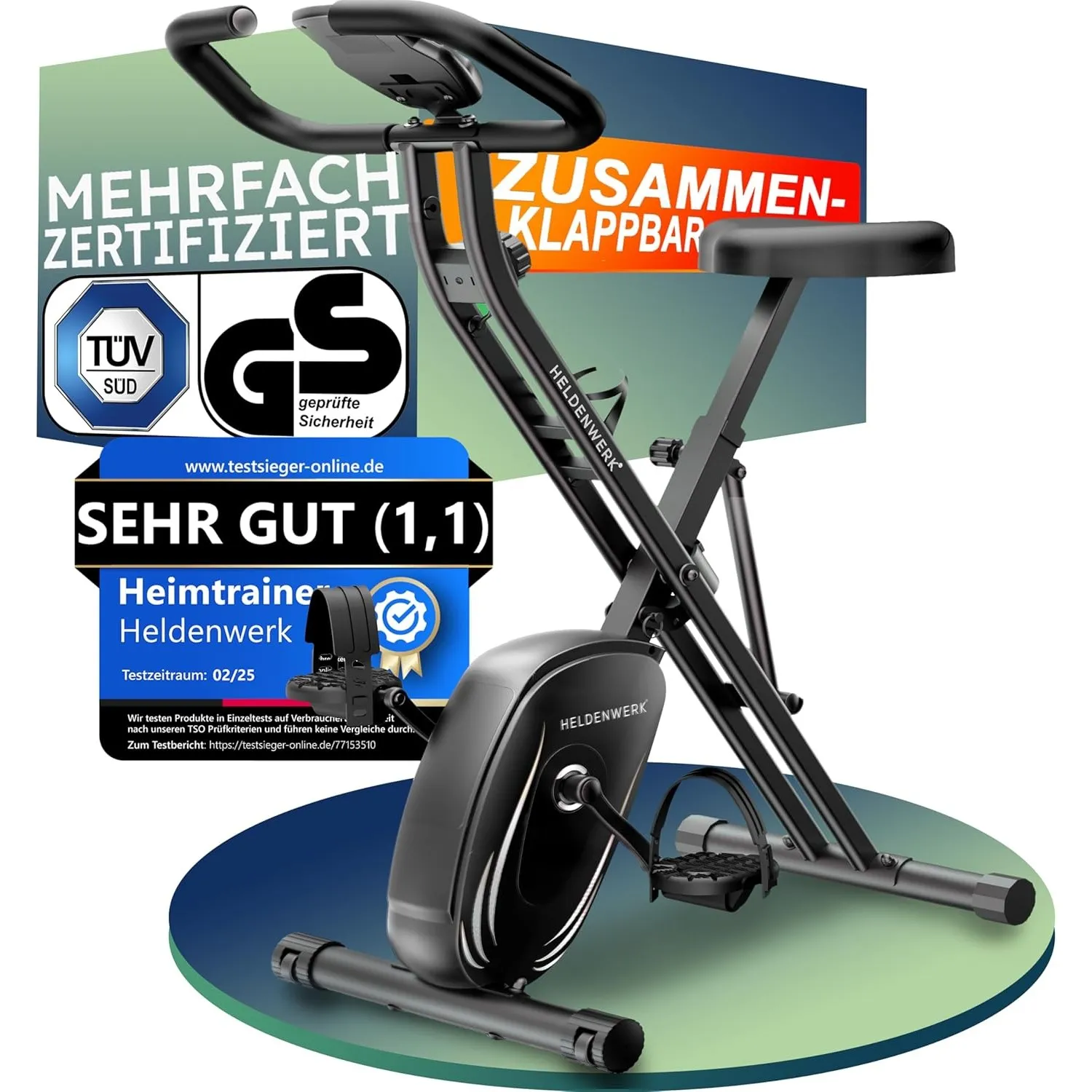 HELDENWERK® Heimtrainer Fahrrad klappbar Hometrainer TÜV/GS geprüft, leise