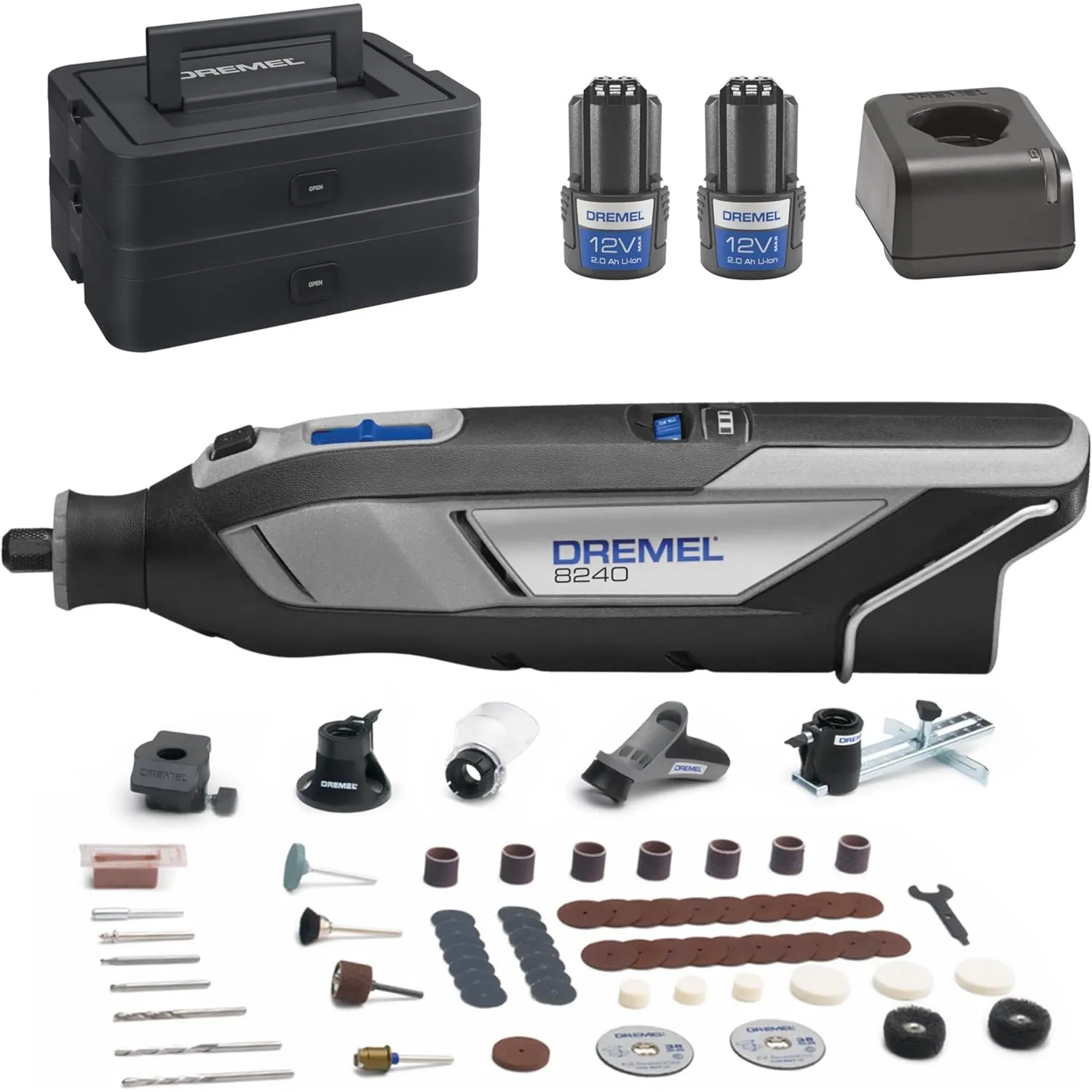 Dremel 8240 Akku-Multitool 12V 2Ah, Multifunktionswerkzeug Set mit 2 Akkus, 5 Auf-und Vorsätze, 1 Dremel BOX, 65 Zubehö…