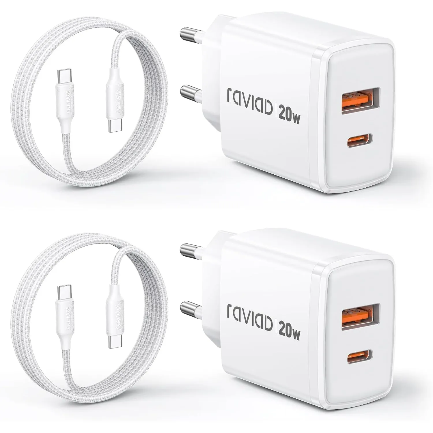 RAVIAD 20W USB C Ladegerät 2Pack, 2Port Schnellladegerät mit 60W Kabel 2M
