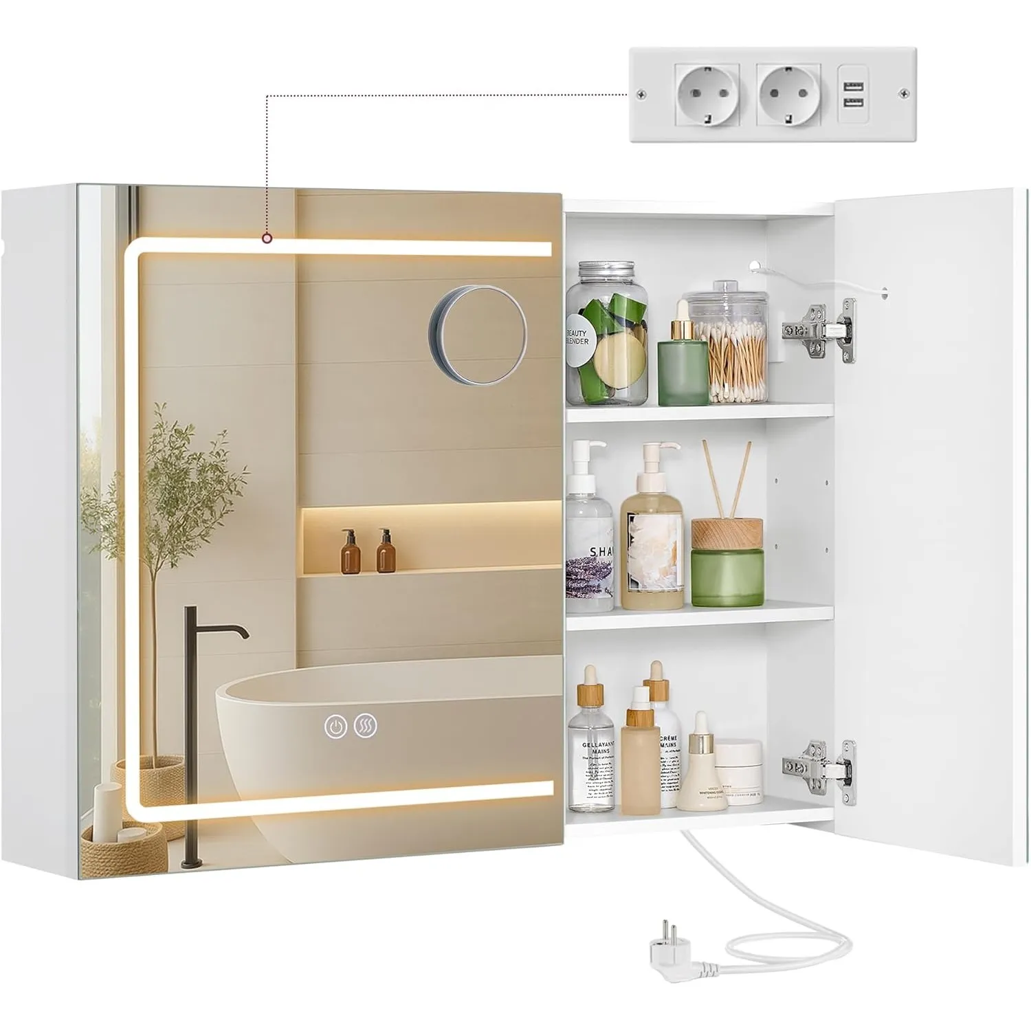 VASAGLE Spiegelschrank mit Beleuchtung, Wandschrank, 16,5 x 80 x 60 cm