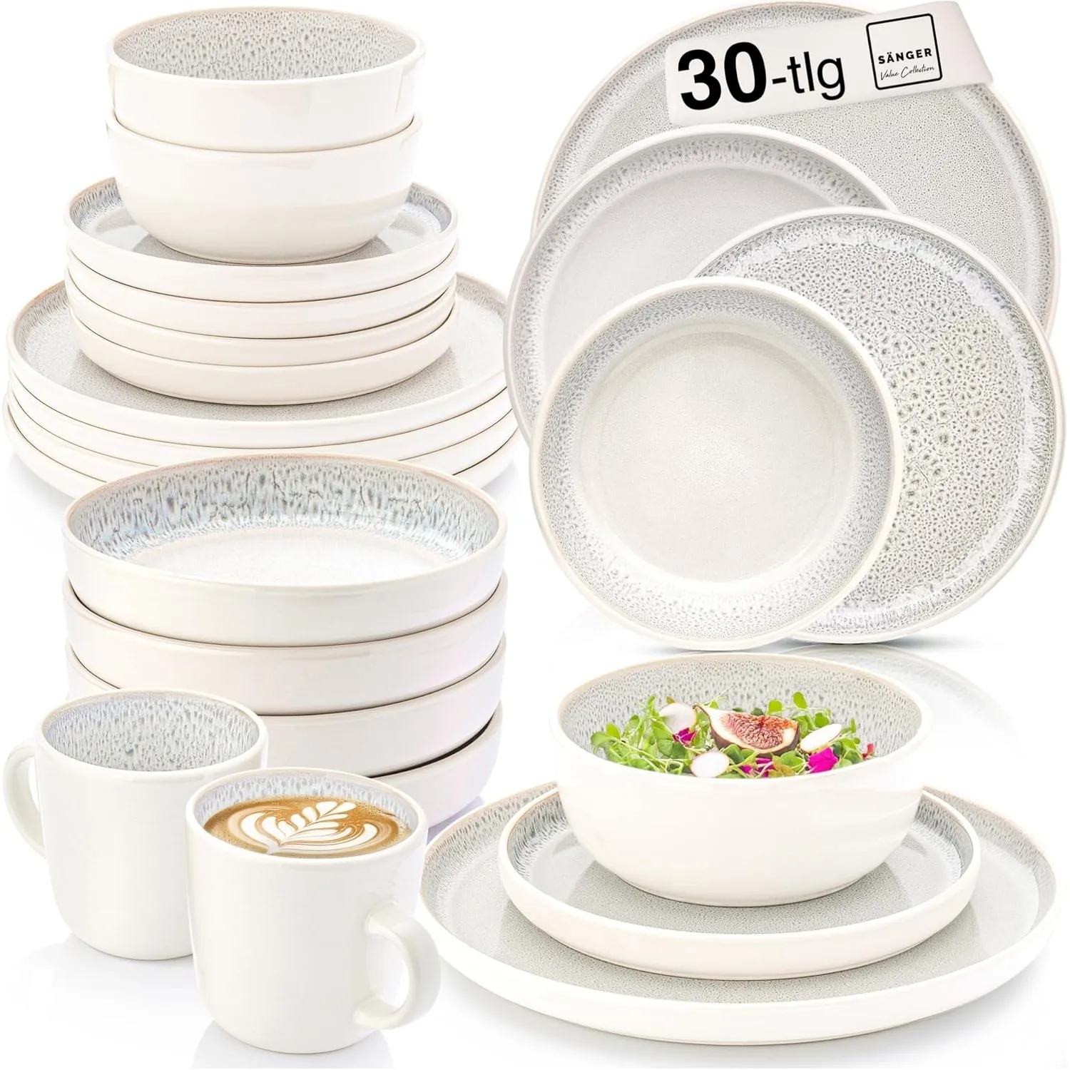 SÄNGER Kreta Steingut Geschirrset 6 Personen, Teller Set 30-tlg Creme Blau