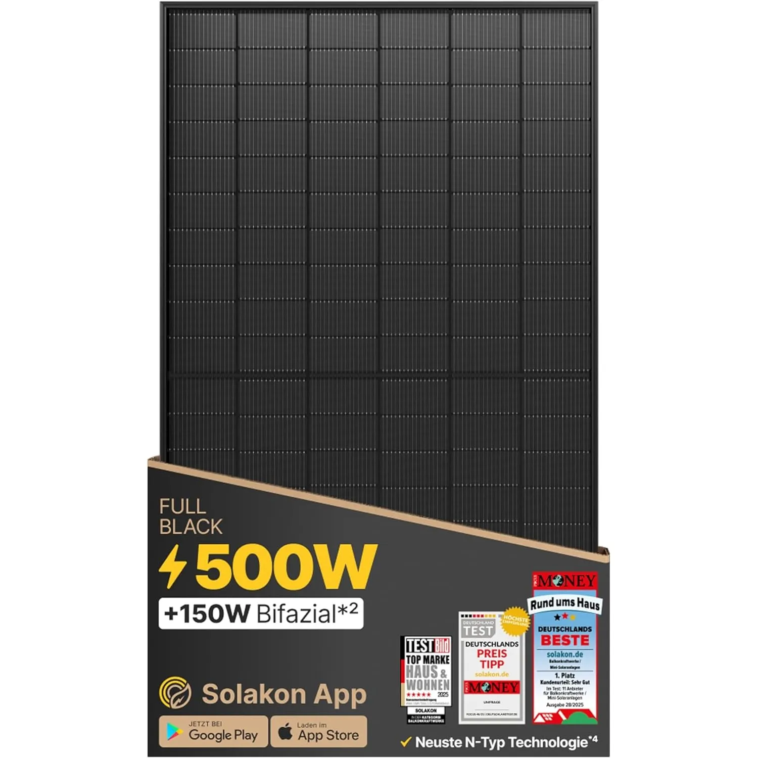 Solakon Solarpanel 500W, Bifazial Glas-Glas N-Type Solarmodul, 40v Full Black Solarmodule/Solar Module für Balkonkraftw…