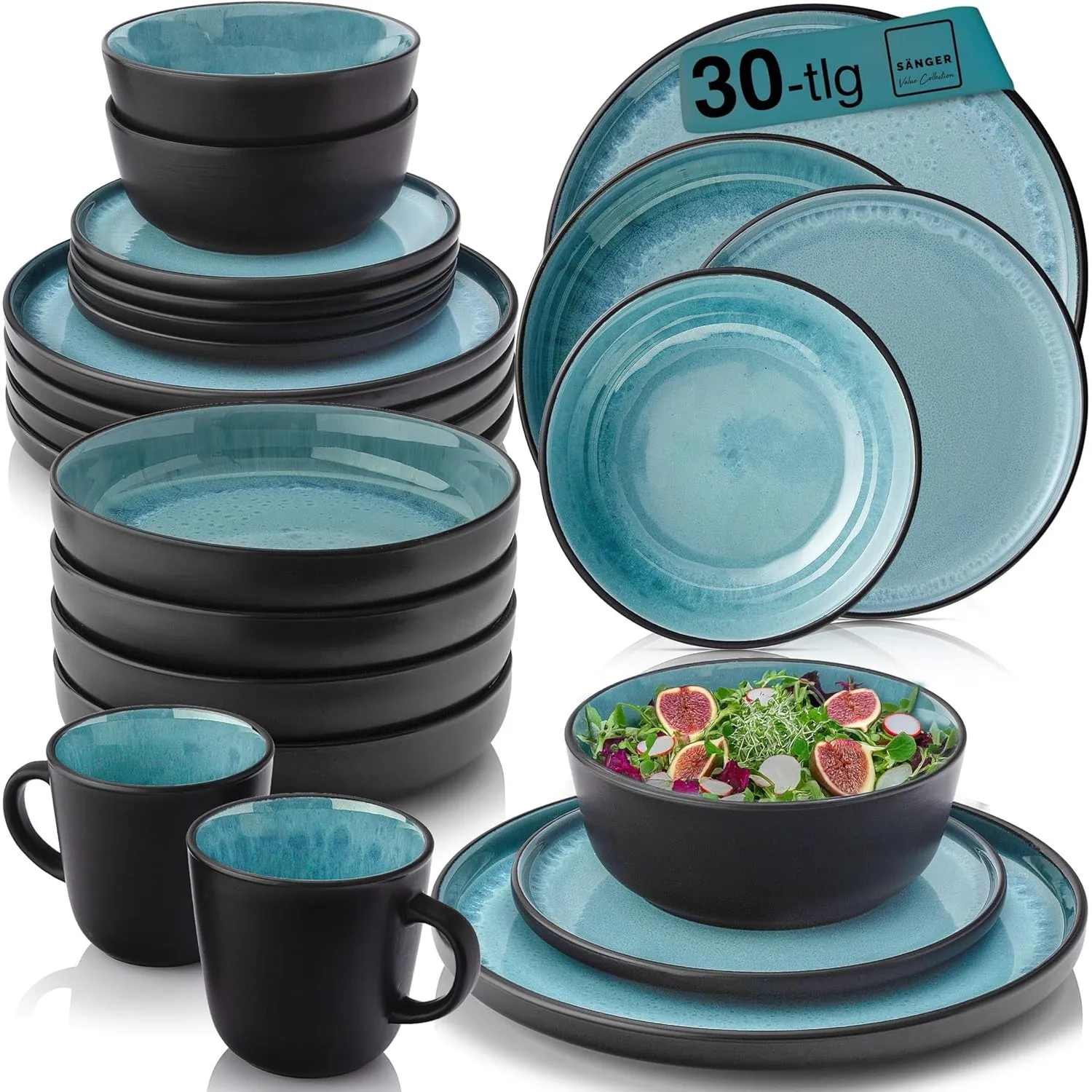 SÄNGER Granada Geschirrset 6 Personen, 30-tlg Steingut Tafelservice in Blau | Komplettes Teller Set mit Kaffeebechern &…
