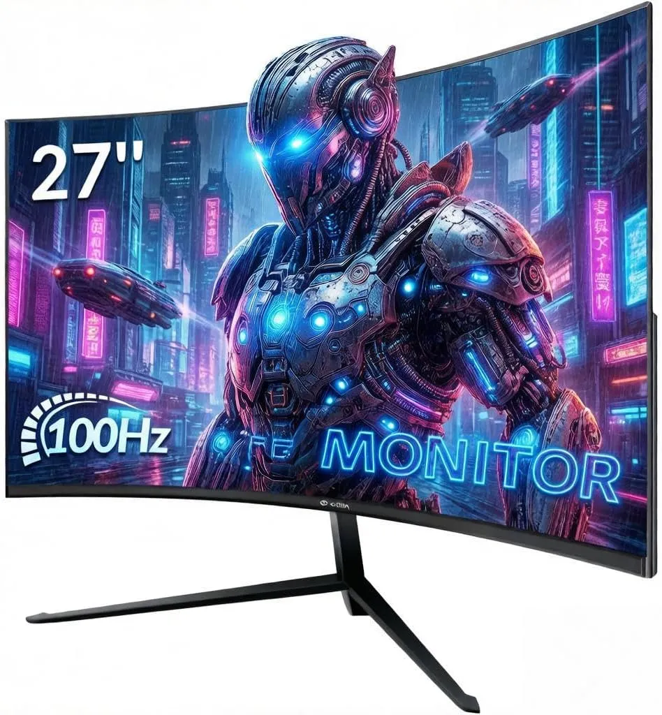 CRUA Curved Gaming Monitor 27 Inch 100Hz, Full HD 1920 x 1080P 1800R, Frameless PC Monitor, 1ms GTG, FreeSync, Low Moti…