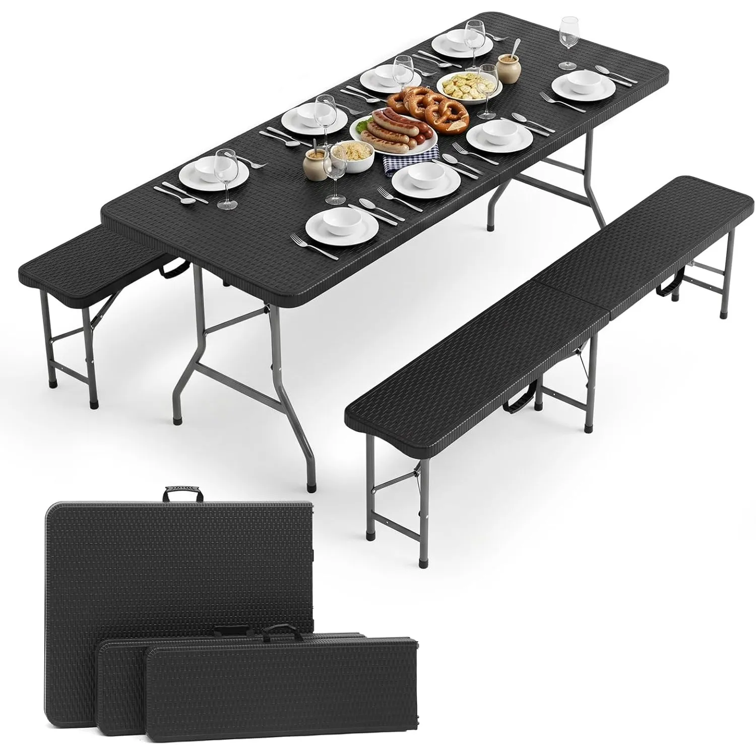 Sekey Bierzeltgarnitur Klappbar Rattan-Optik, 180x74x74cm für 8 Personen