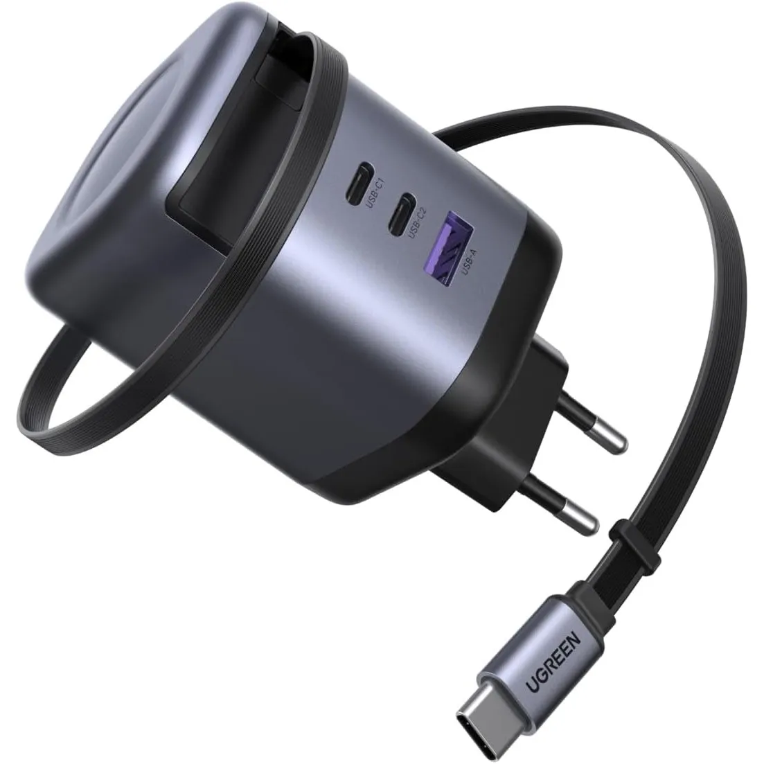 UGREEN Nexode 100W USB C Ladegerät mit 75cm Einziehbarem Kabel, 4-Port