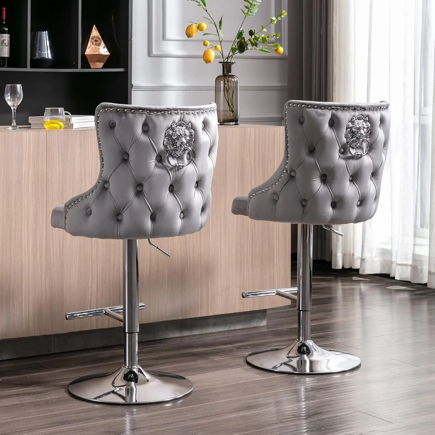 Ya-Home Samt Barhocker 2er Set höhenverstellbar Metallsockel, Grau