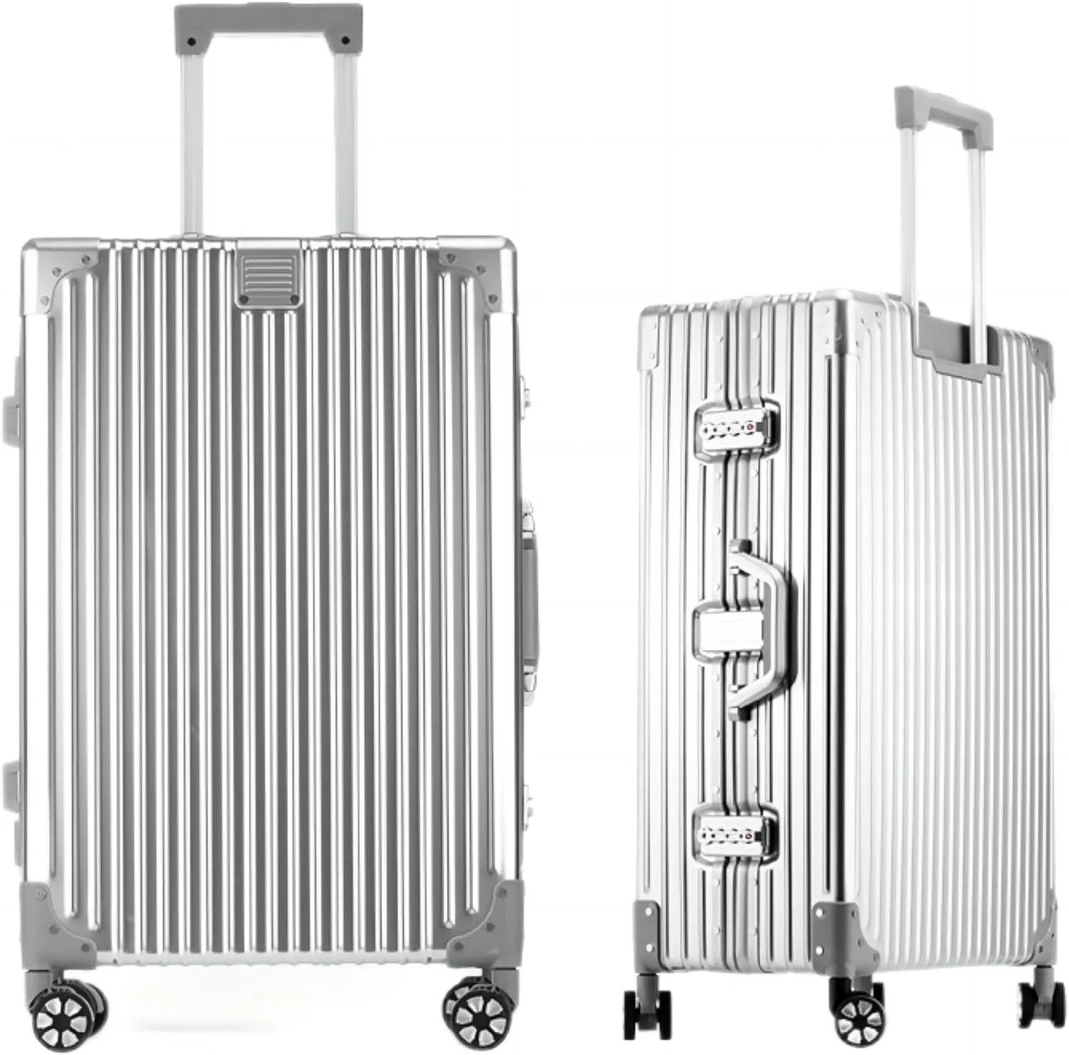 Koffer 100% Aluminium Reisekoffer Bordkoffer Hartschalen-Koffer Trolley Rollkoffer Handgepäck Teleskopgriff, TSA, 4 Rollen (L,Silber)