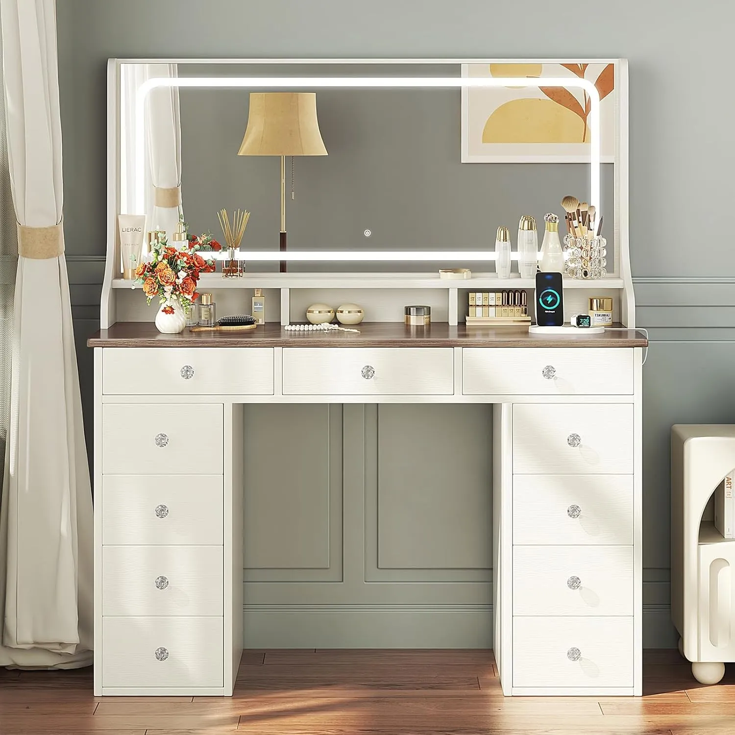 Dripex Schminktisch mit Spiegel und Beleuchtung, 110x40x135cm 11 Schubladen