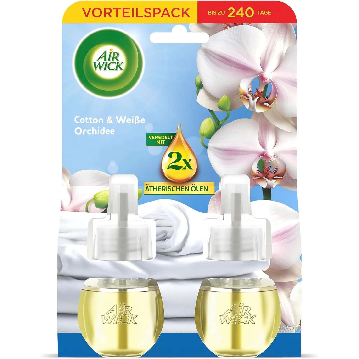 Air Wick Duftstecker Nachfüller Duo – Duft: Cotton und Weiße Orchidee – Frischer Raumduft für die Steckdose – 2x 19ml D…