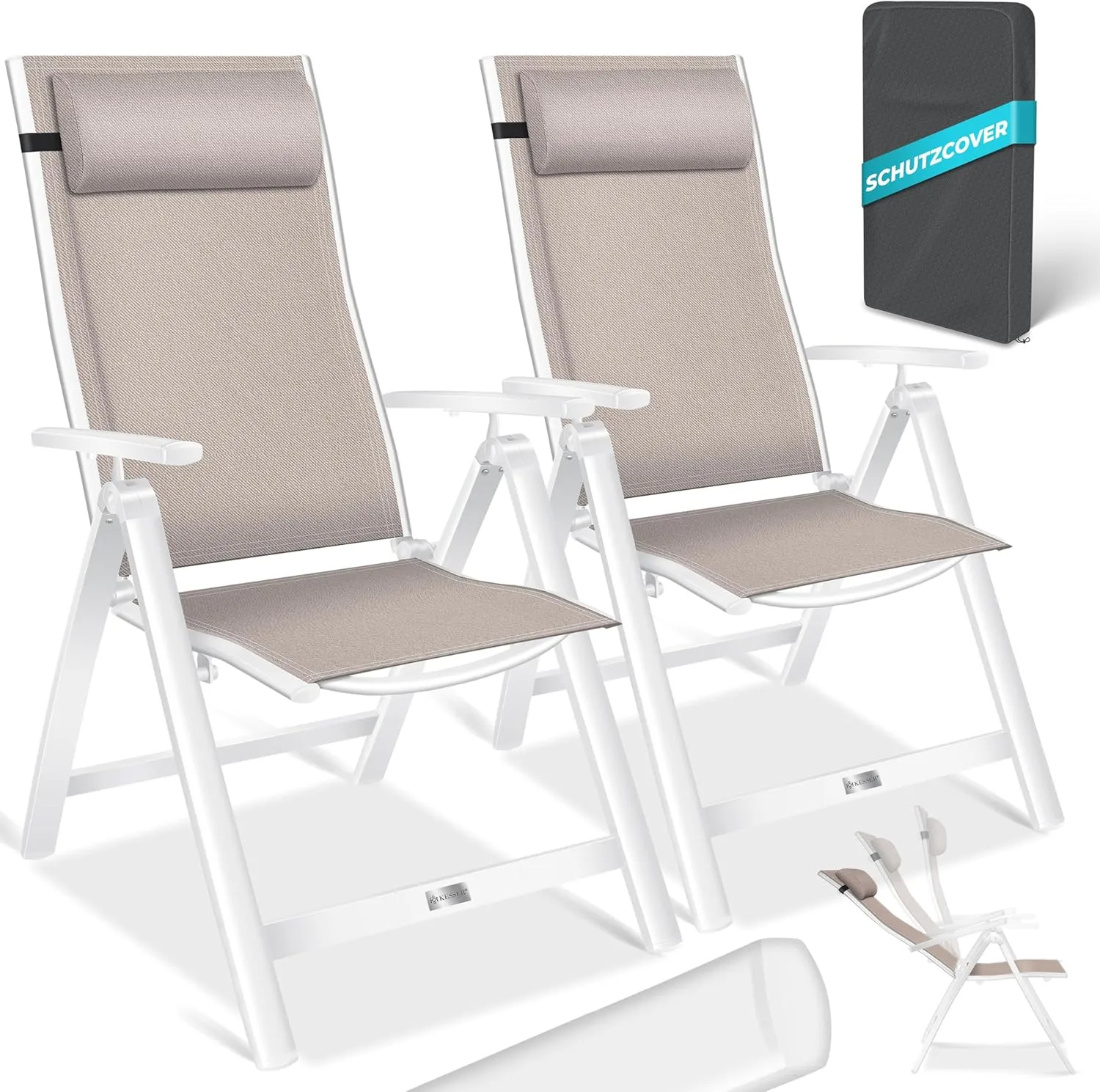 KESSER Garden Chair High-Backed Chair with Armrests, Set of 2, Aluminium Folding Chairs with Pillow and Cover, Camping …