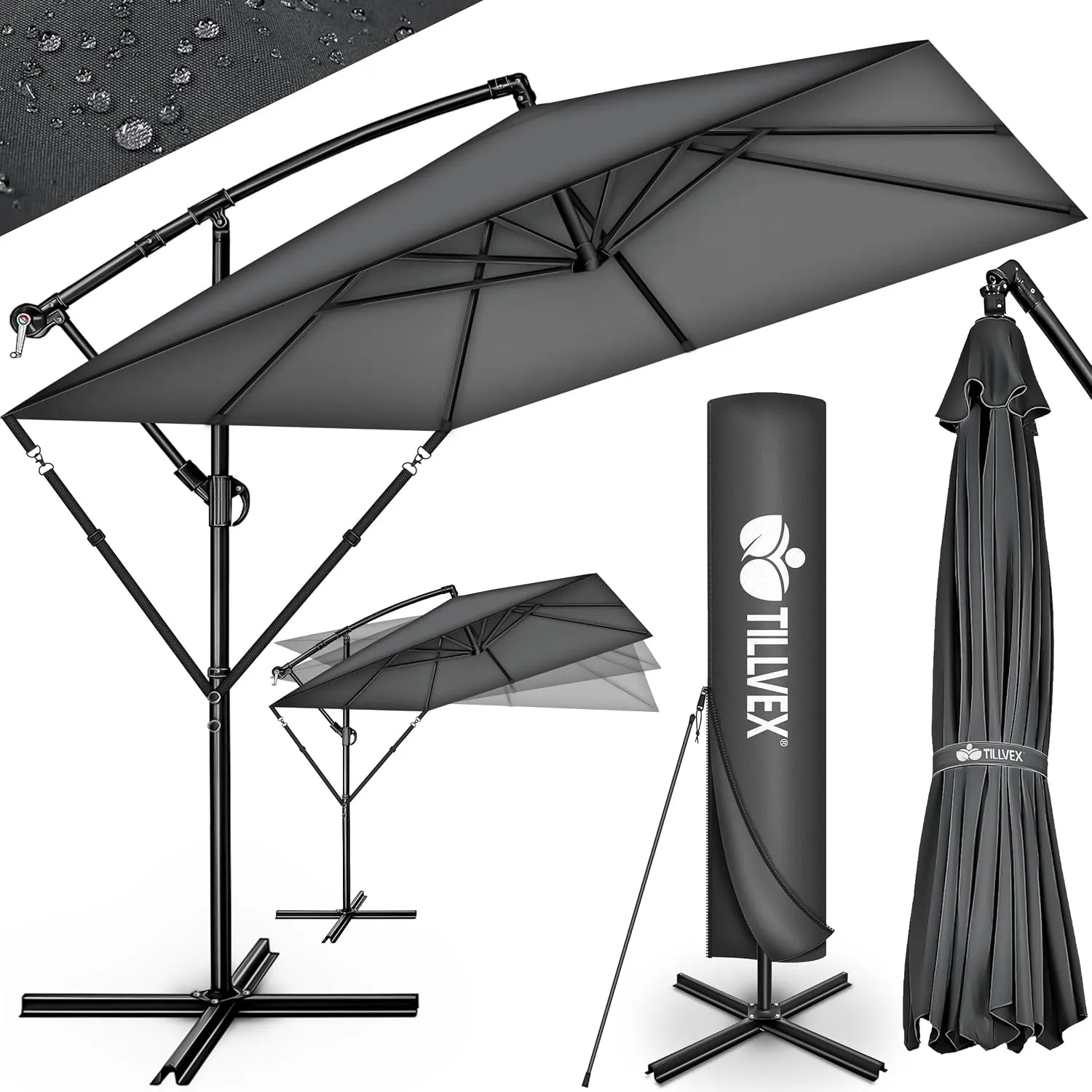 tillvex® Sonnenschirm Rechteckig Ø 330 cm + Abdeckung, Kurbel & Windschutz | Ampelschirm Aluminium Eckig mit Ständer | …