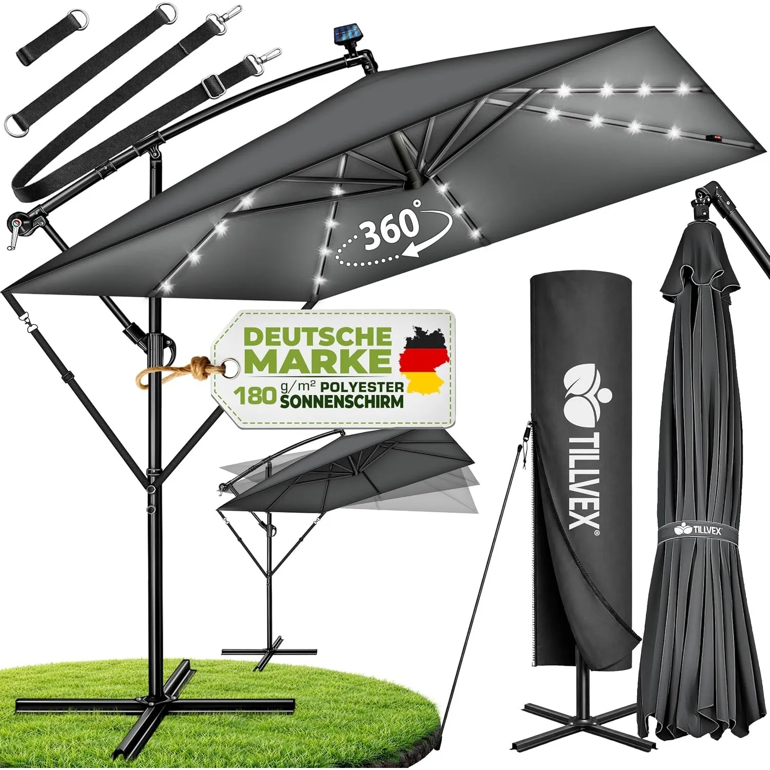 tillvex® Sonnenschirm Rechteckig Ø 330 cm + Abdeckung, Kurbel & Windschutz | Ampelschirm Aluminium Eckig mit Ständer | …