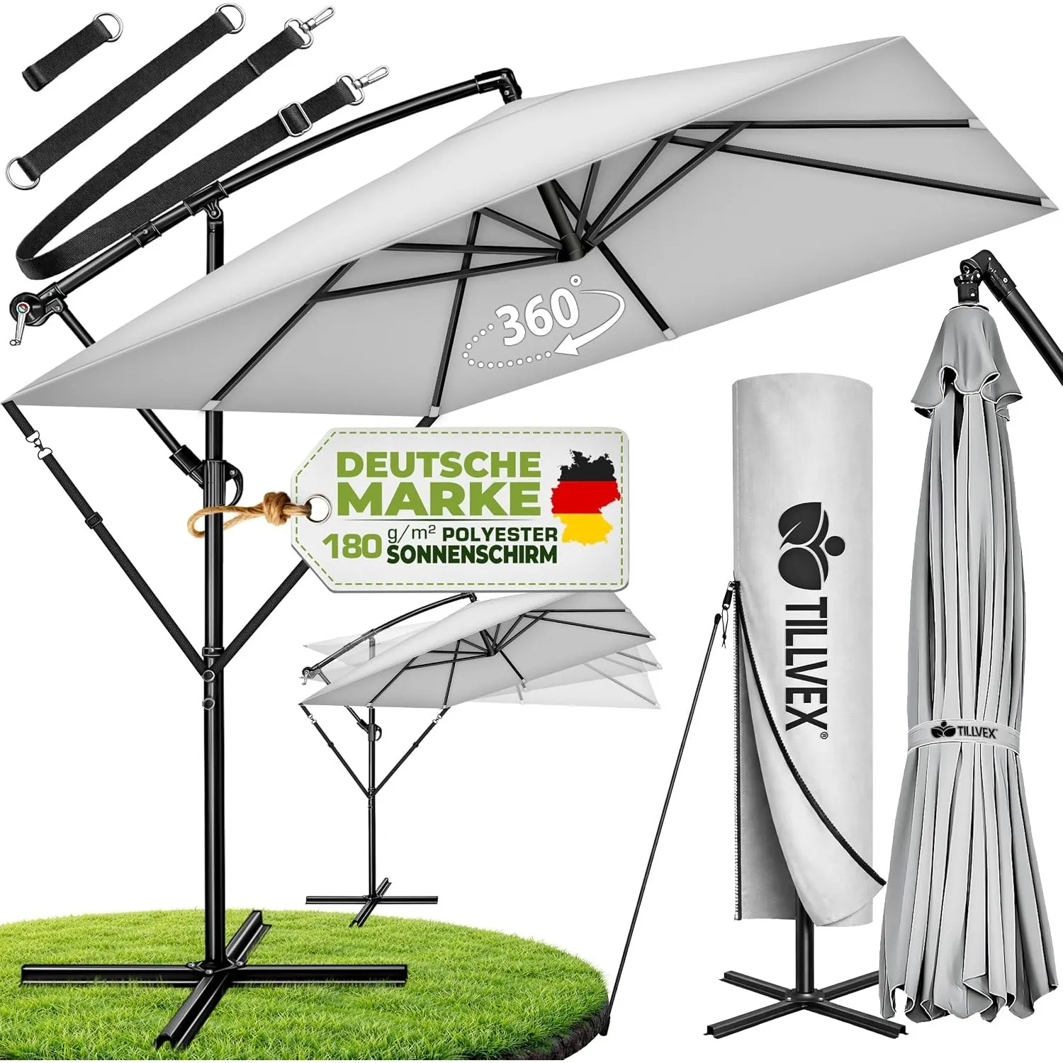 tillvex® Sonnenschirm Rechteckig Ø 330 cm + Abdeckung, Kurbel & Windschutz | Ampelschirm Aluminium Eckig mit Ständer | …