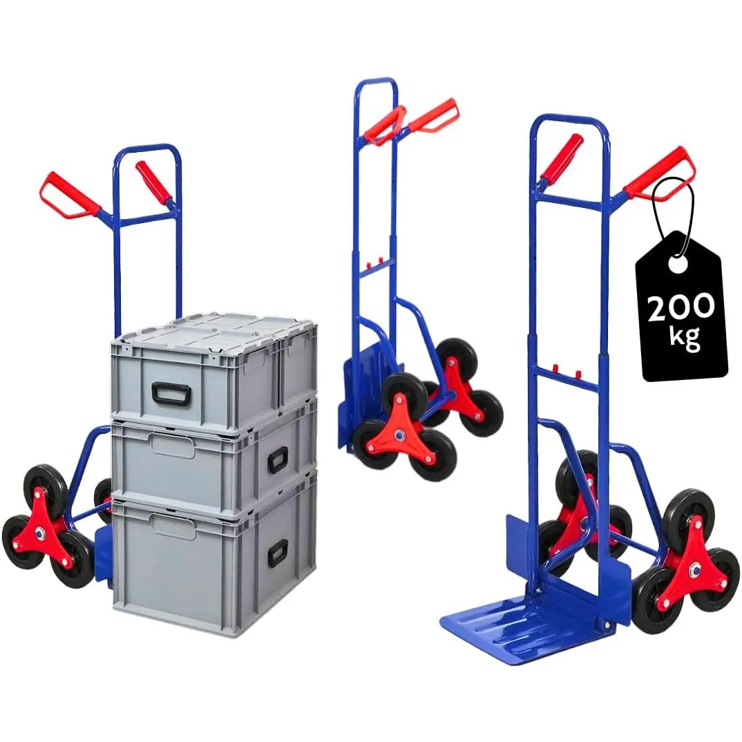 PROREGAL Treppensackkarre Odin | HxBxT 111x60x43cm | Tragkraft 200kg | Hartgummi-Bereifung | Stahlrahmen | Blau | Trans…