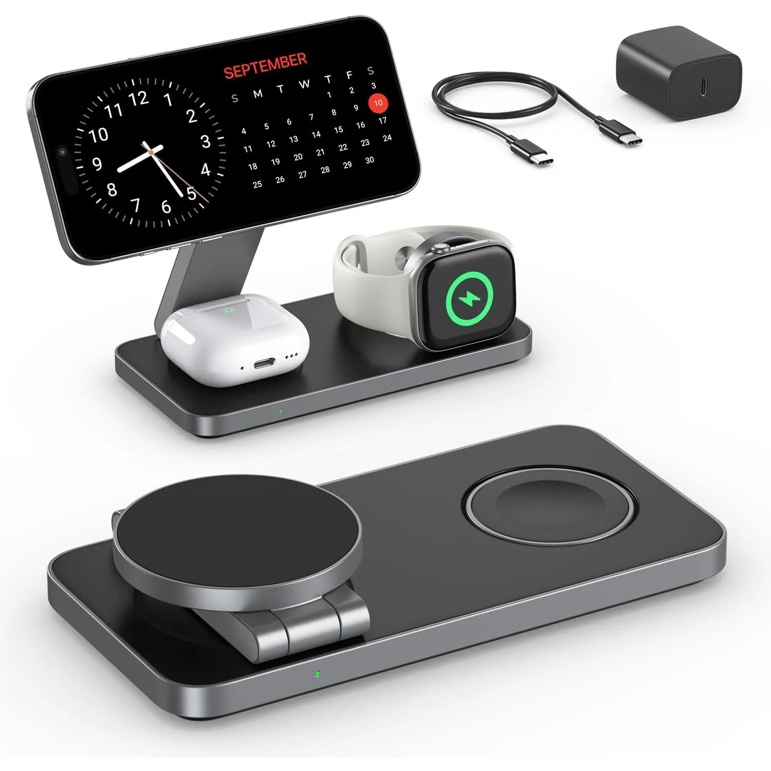 QTlier 3 in 1 iPhone Ladestation Kompatibel mit Magsafe Ladegerät (Schwarz) | Induktive Ladestation für Air 17/16/15/14…