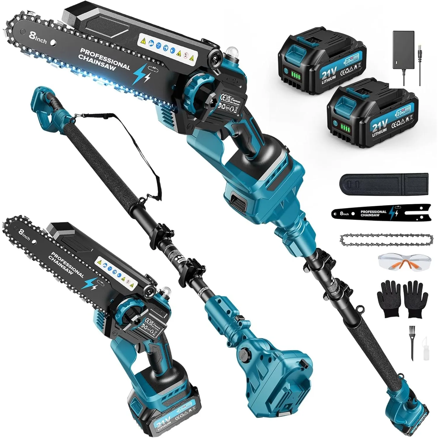2-in-1 Mini Kettensäge 8 Zoll mit Teleskopstange, 1200W Bürstenlose Teleskop Kettensäge mit 2 Akku, 50ml Öltank, Arbeit…