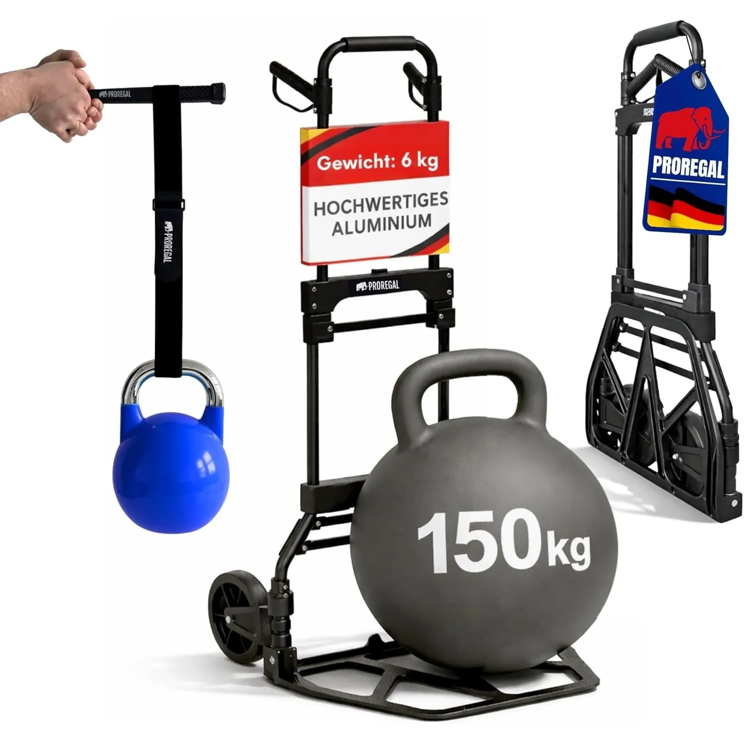 PROREGAL klappbare Aluminium Sackkarre Elephant | Traglast 150kg | 6 kg leicht | große Schaufel, Leichtlauf-Vollgummirä…
