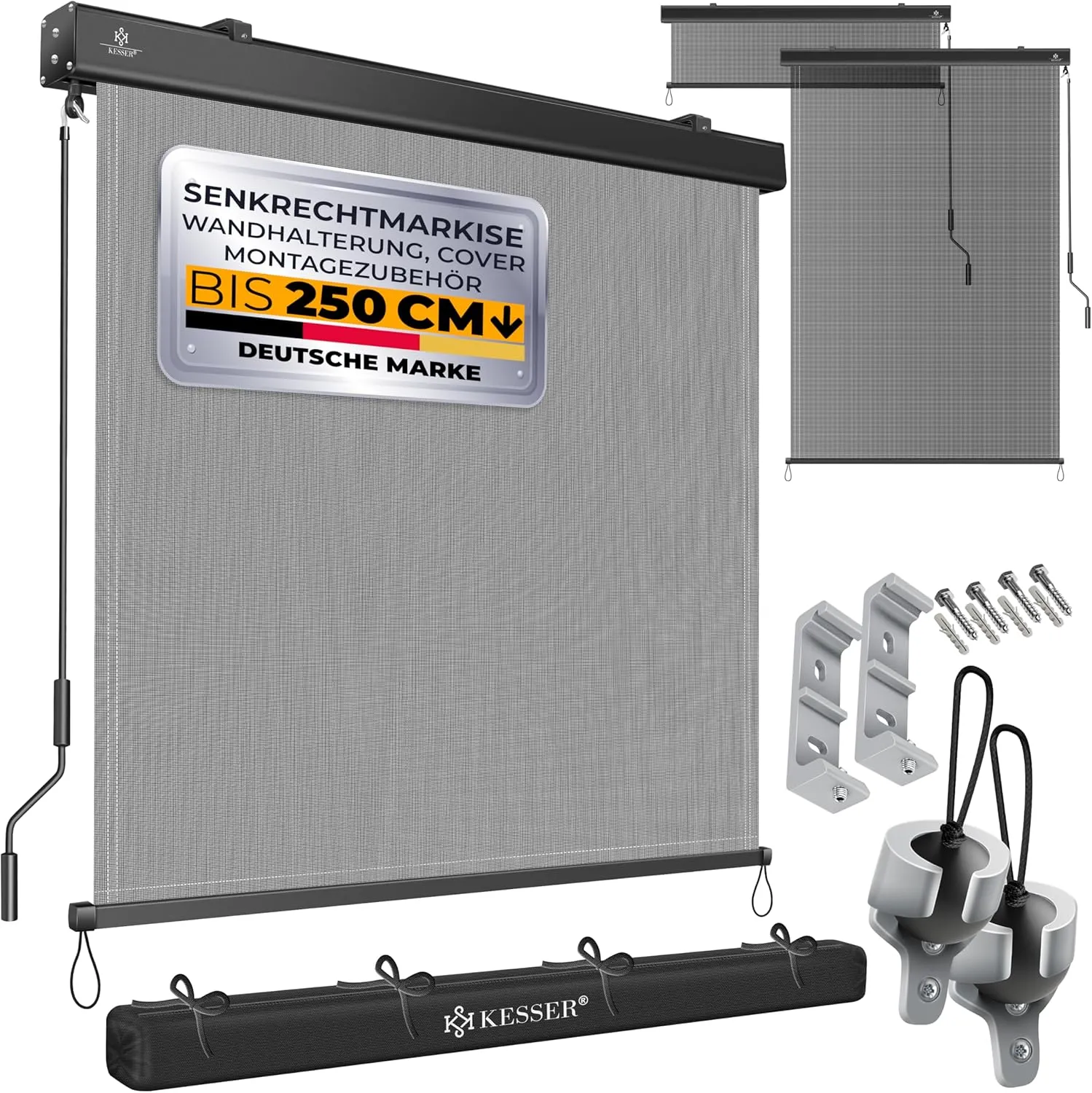 KESSER® Senkrechtmarkise 200x250cm Außenrollo Handkurbelmechanismus Balkonrollo Sonnen-und Sichtschutz Beschattung Sonn…