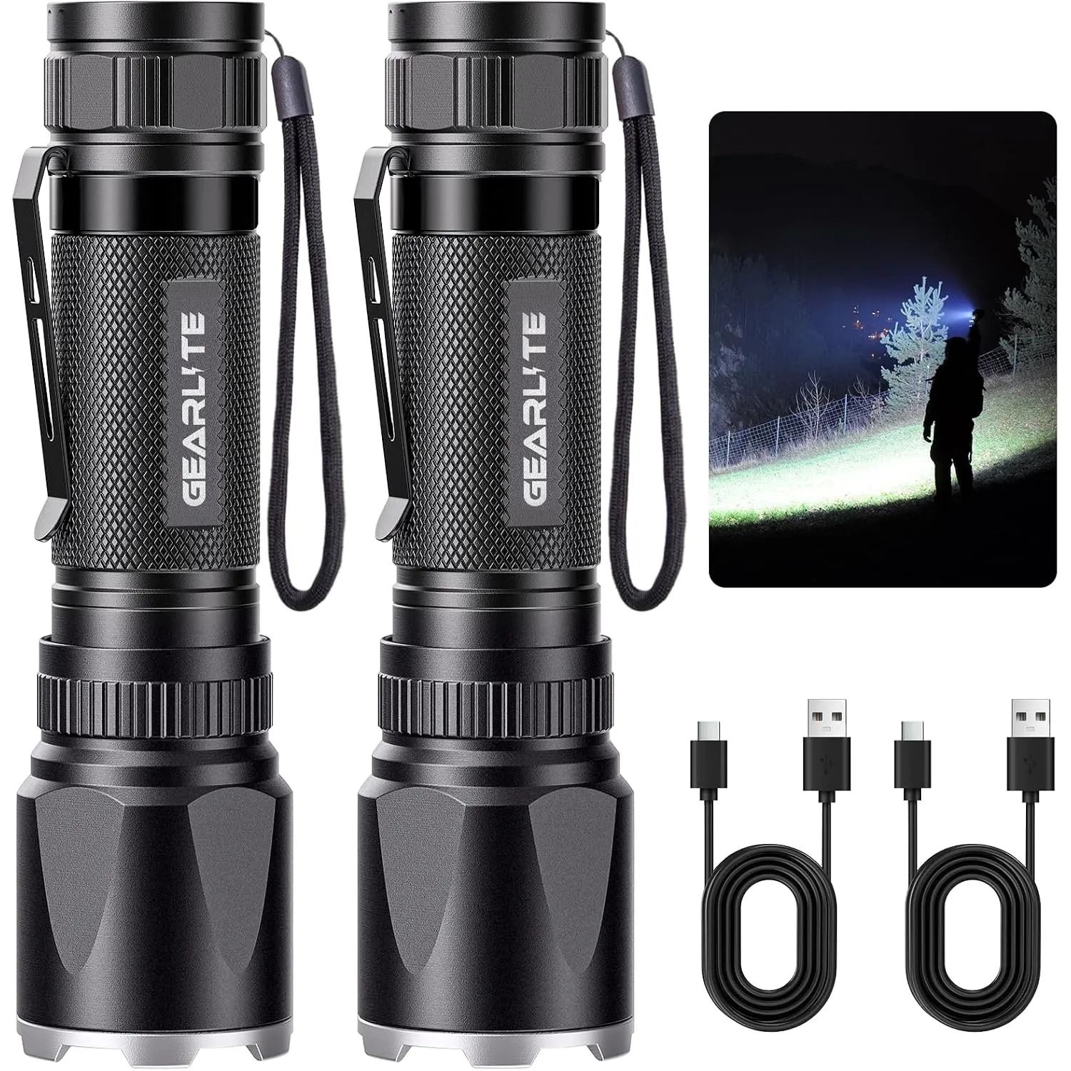 GEARLITE Taschenlampe Led Aufladbar 2Pack, 3000L Extrem Helle Zoombar Torch