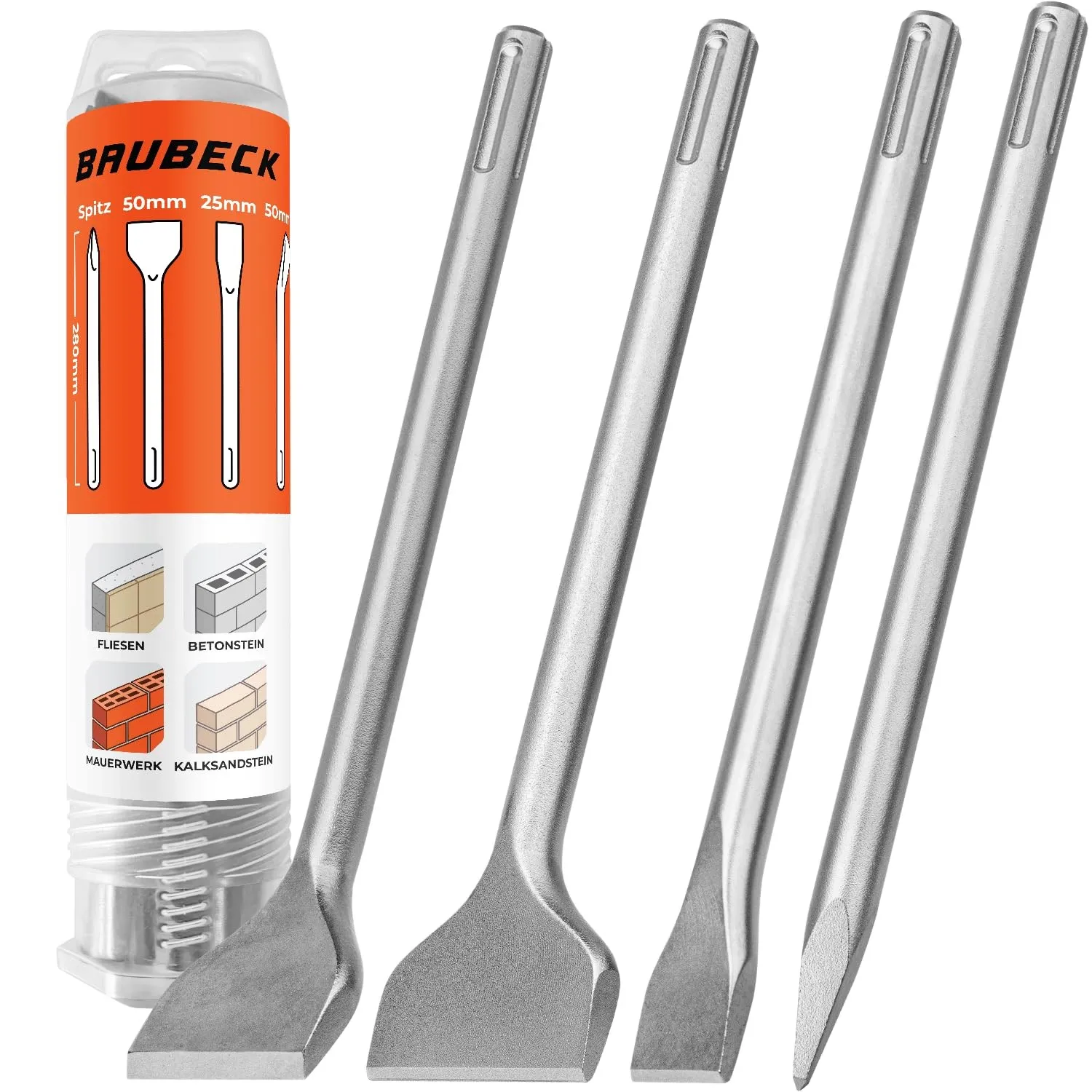 BAUBECK Meißel Set für Beton & Mauerwerk - SDS Max - LONG LIFE [4tlg] - 280mm lang, angewinkelt und gerade - Max Meißel…