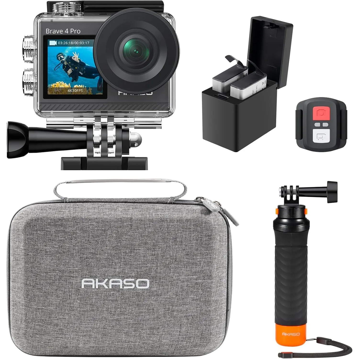 AKASO Brave 4 Pro Action Cam 4K30FPS 20MP mit Schwimmender Handgriff und Tasche 40M Unterwasserkamera Ultra HD Touchscr…