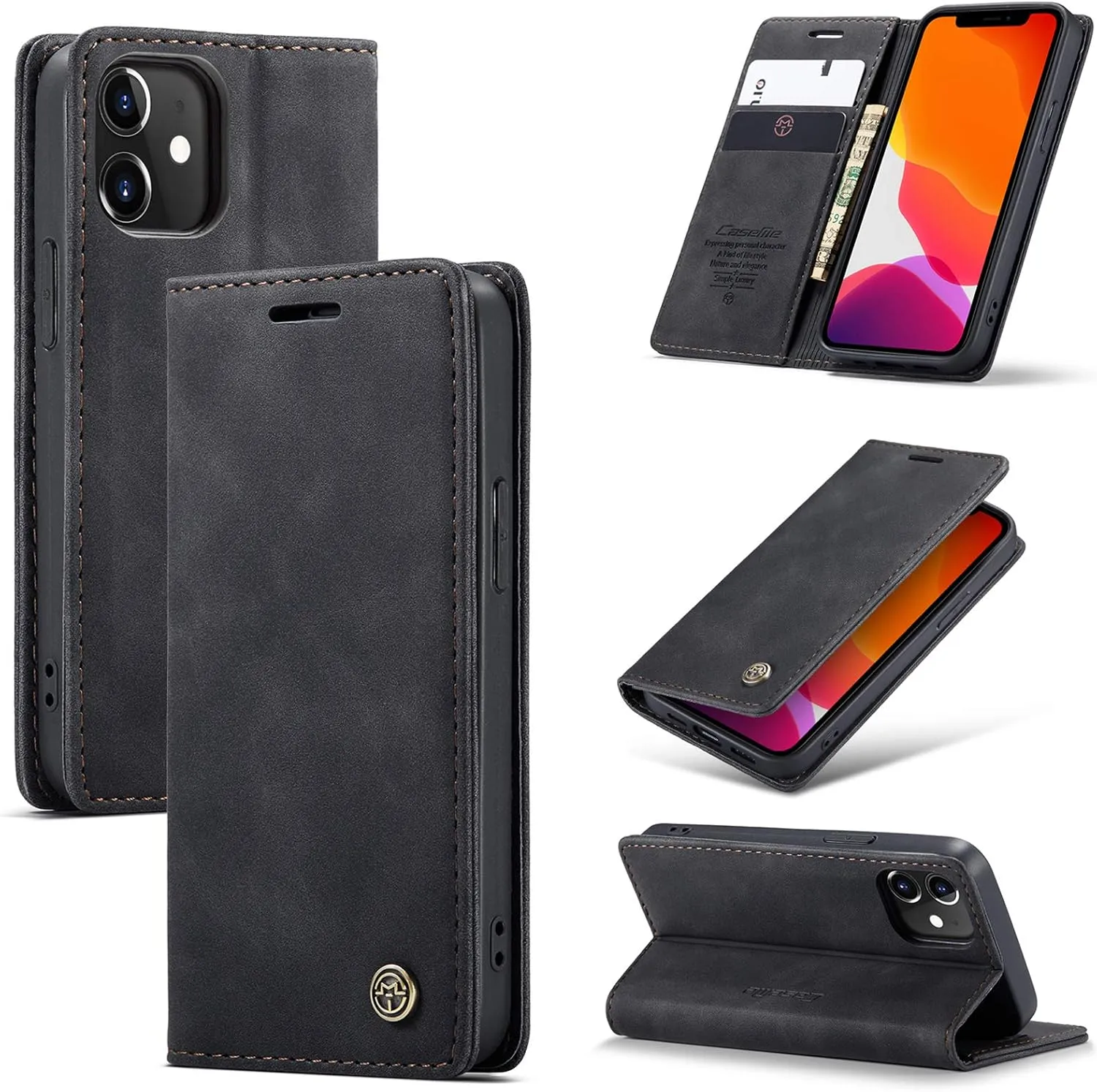 Handyhülle iPhone 12 Mini klapphülle Premium Lederhülle Weiches Vintage-Nubukleder Faltbare Ständer Schutzhülle Kartenf…